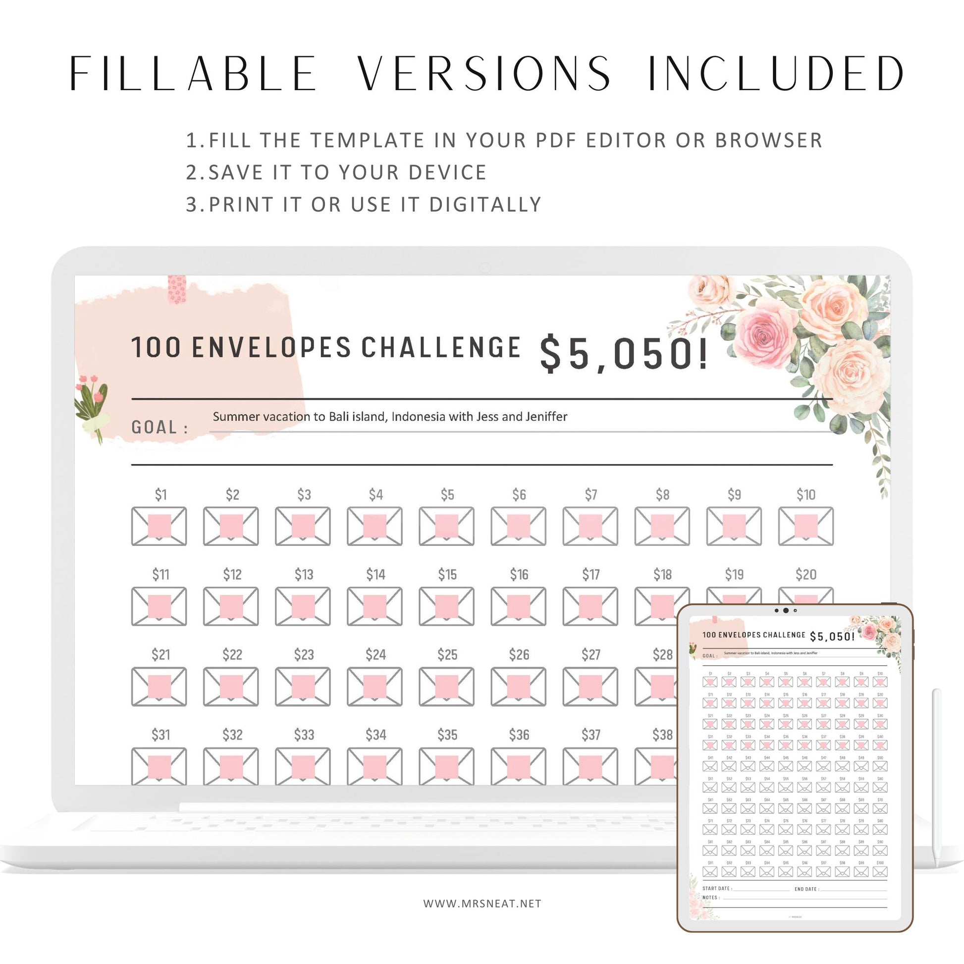 5050 Savings Challenge Printable, 100 Envelope Challenge, Fillable Saving Tracker, No Spending Challenge, PDF, A4, A5, Half Letter, Letter