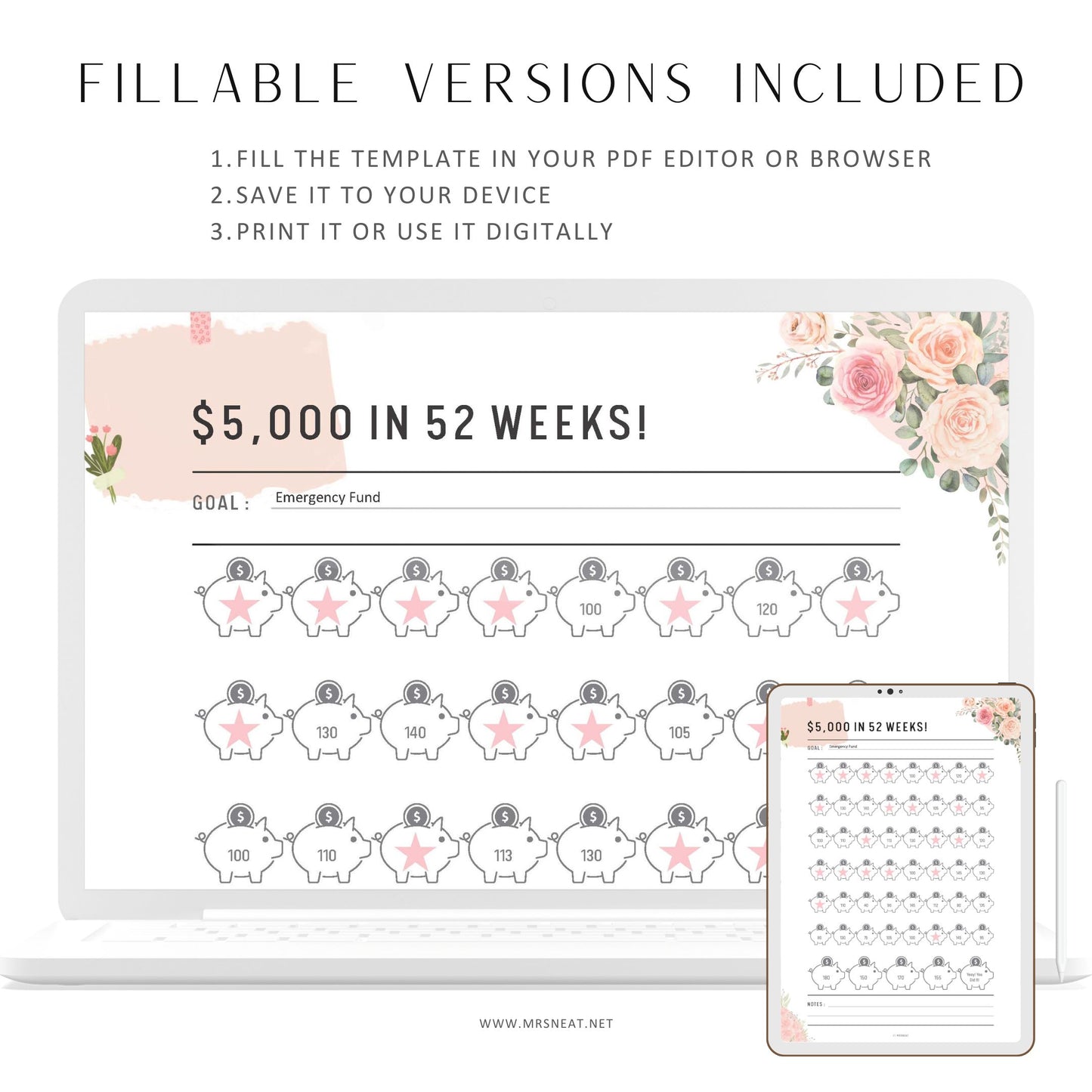 Floral 5000 Saving Challenge, Save 5000 in 52 weeks, Fillable 52 weeks savings challenge printable, PDF, A4, A5, Letter, Half Letter