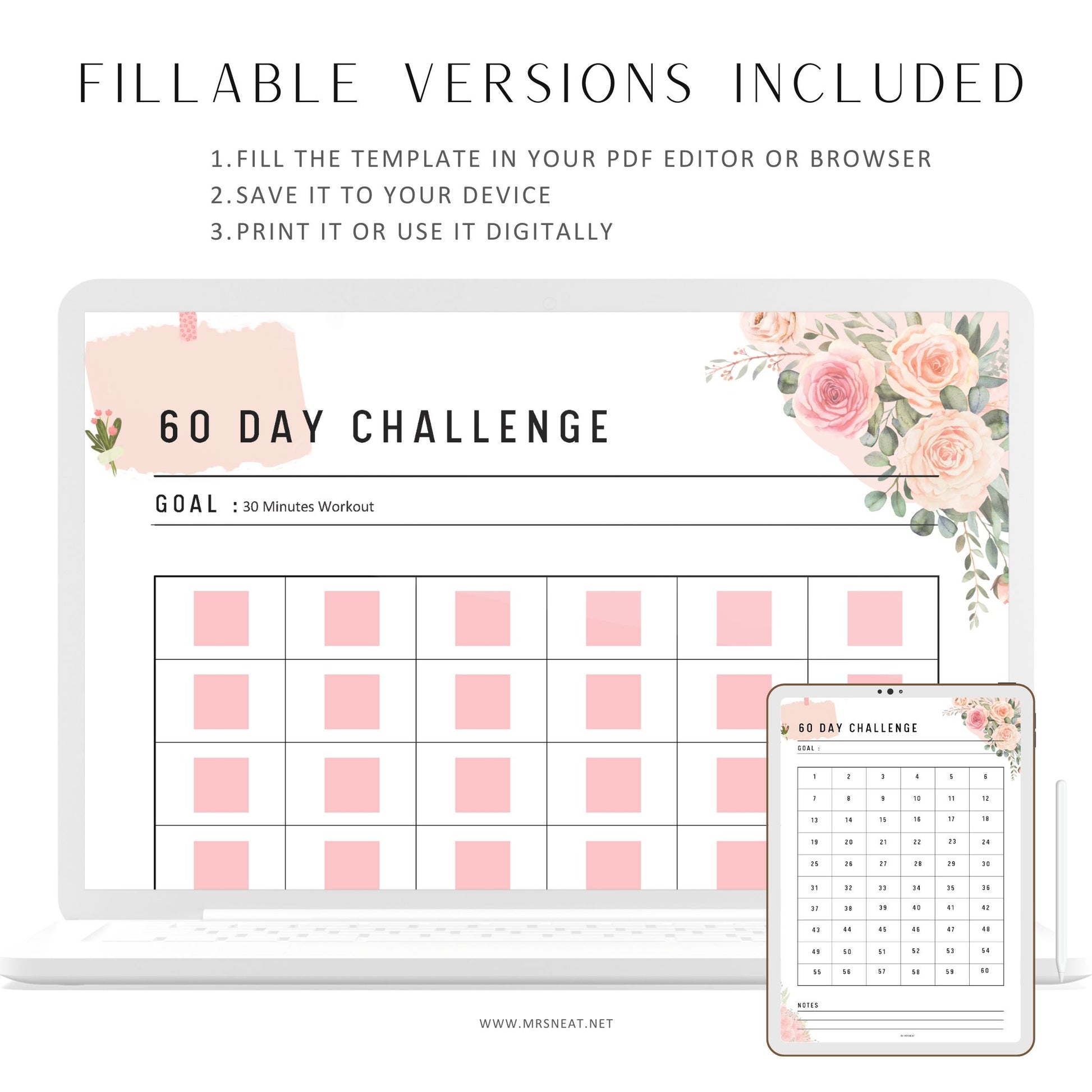 Fillable 60 day challenge printable in cute floral theme, goal setting, habit forming, A4, A5, Half Letter, Letter, PDF, Instant Download.