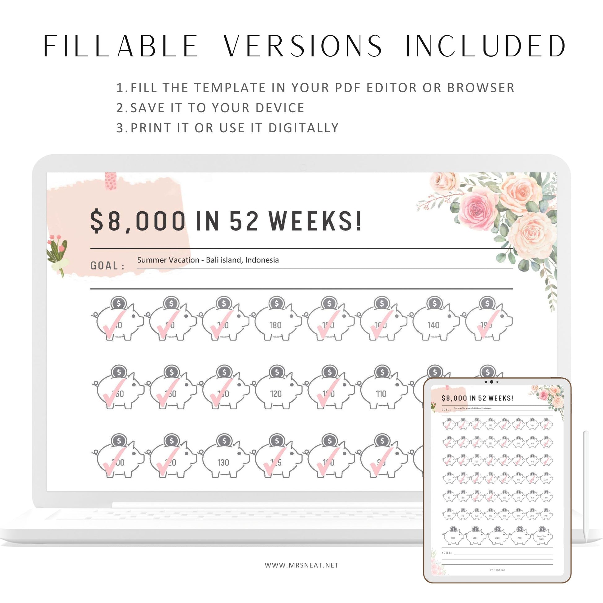 Floral Saving Challenge Printable, Save 8000 in 52 Weeks, Fillable Piggy Bank Money Saving Printable, Pdf, A4, A5, Letter, Half Letter