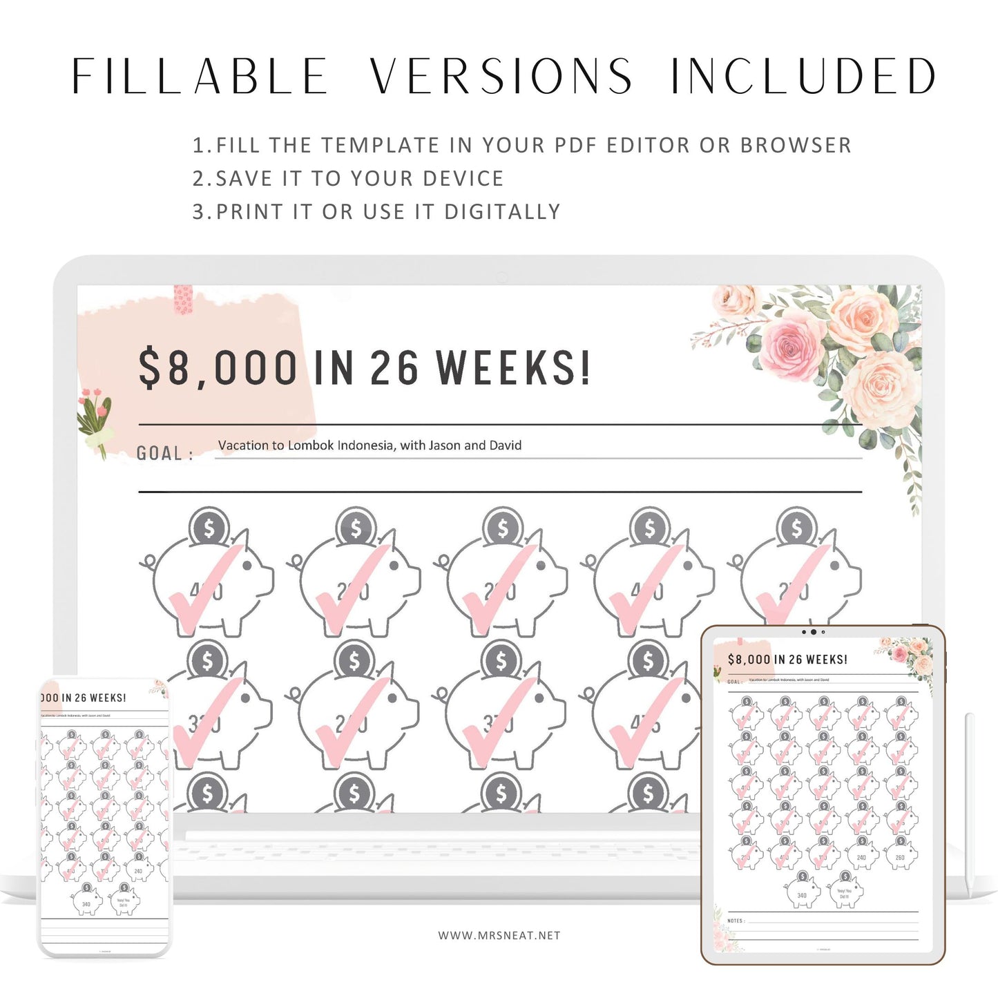 Floral 8000 Money Saving Challenge Printable in 26 Weeks, Fillable Piggy Bank Saving Tracker, PDF, A4, A5, Letter & Half Letter