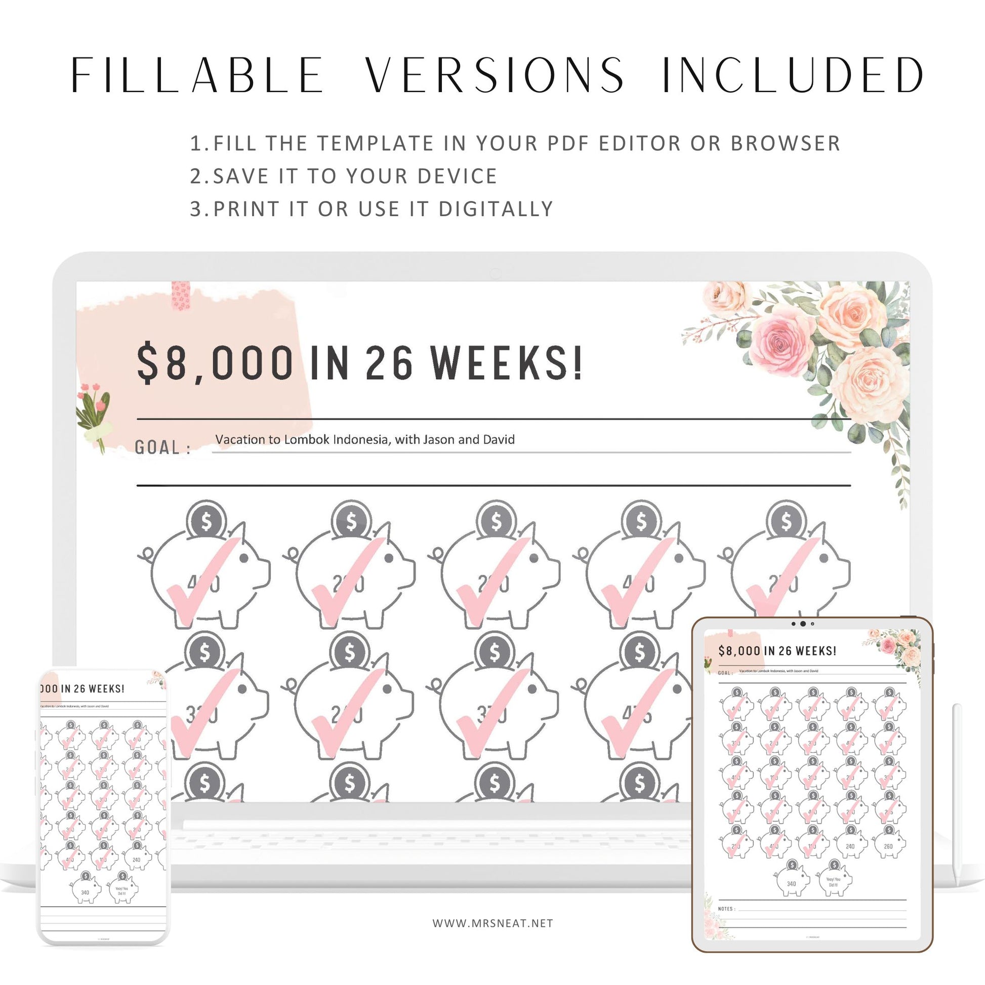 Floral 8000 Money Saving Challenge Printable in 26 Weeks, Fillable Piggy Bank Saving Tracker, PDF, A4, A5, Letter & Half Letter