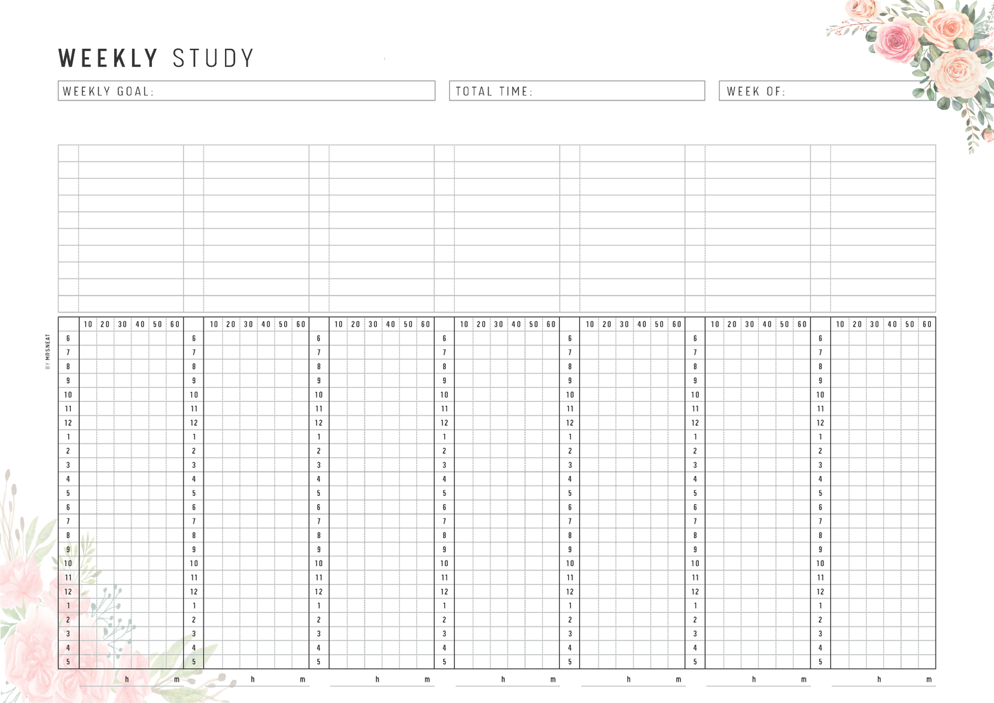 Weekly study planner with time tracking grid and floral elements on a white background