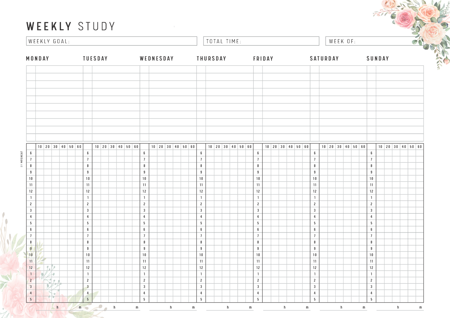 Weekly study planner with floral elements on a white background