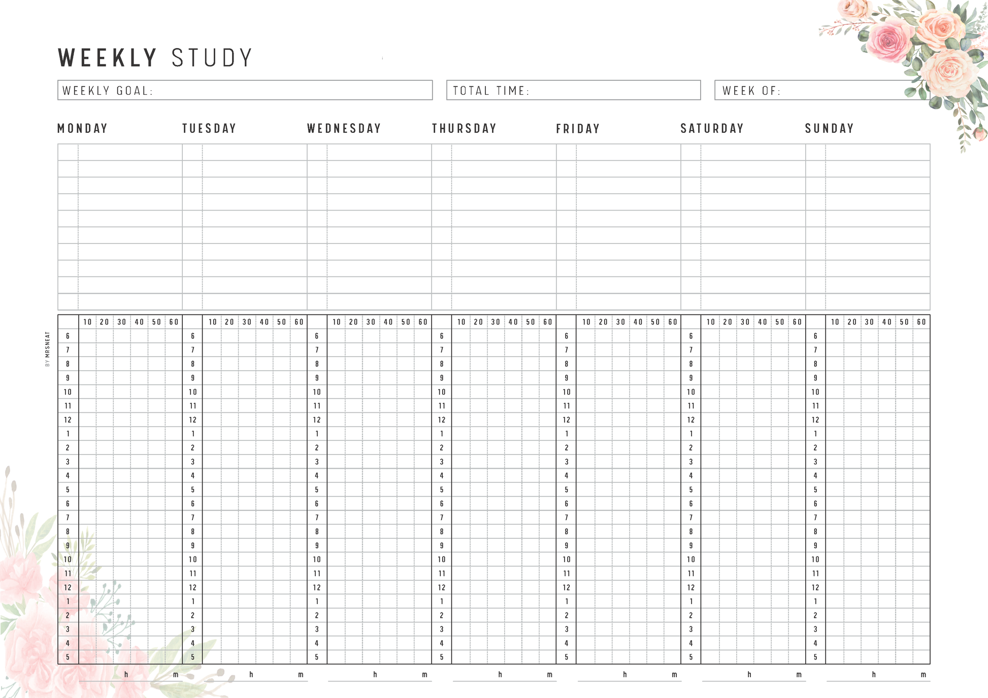 Weekly study planner with floral elements on a white background