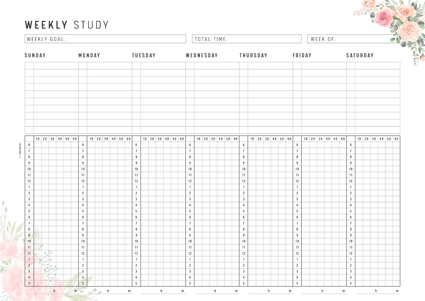 Weekly study planner with time tracking grid and floral elements