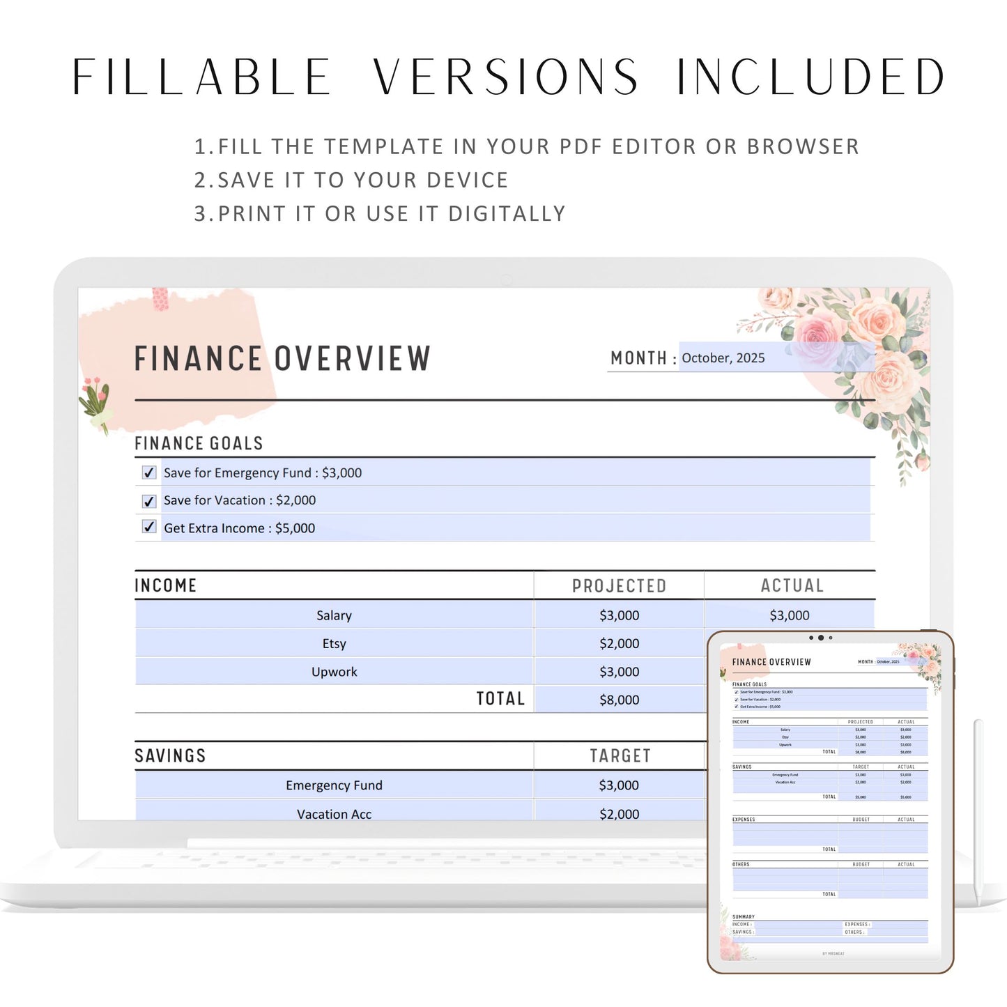 Cute Floral Finance Overview with room for financial goals, Projected and actual income, savings, expense, and summary