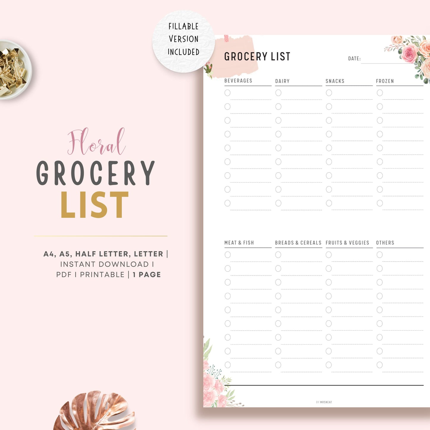 Fillable Grocery Shopping List Template, Grocery Organizer, Grocery Planner Printable, Shopping List, PDF, A4, A5, Letter, Half Letter