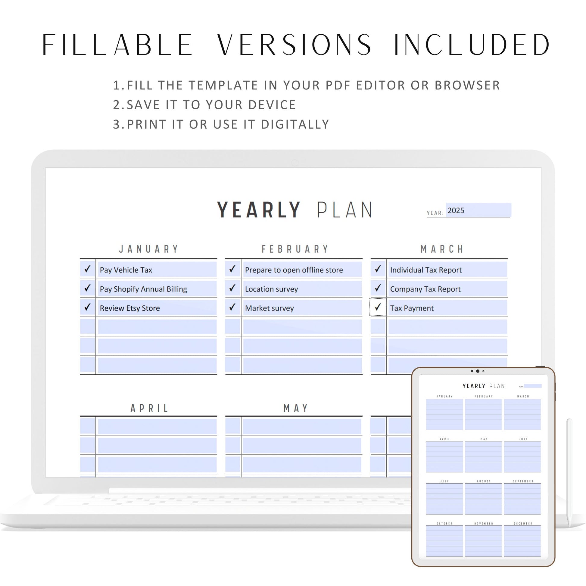 Minimalist Yearly Planner Printable, Digital Yearly Planner, Editable PDF Yearly Planner, 5 versions Yearly Goal Planner, Simple Yearly Planner