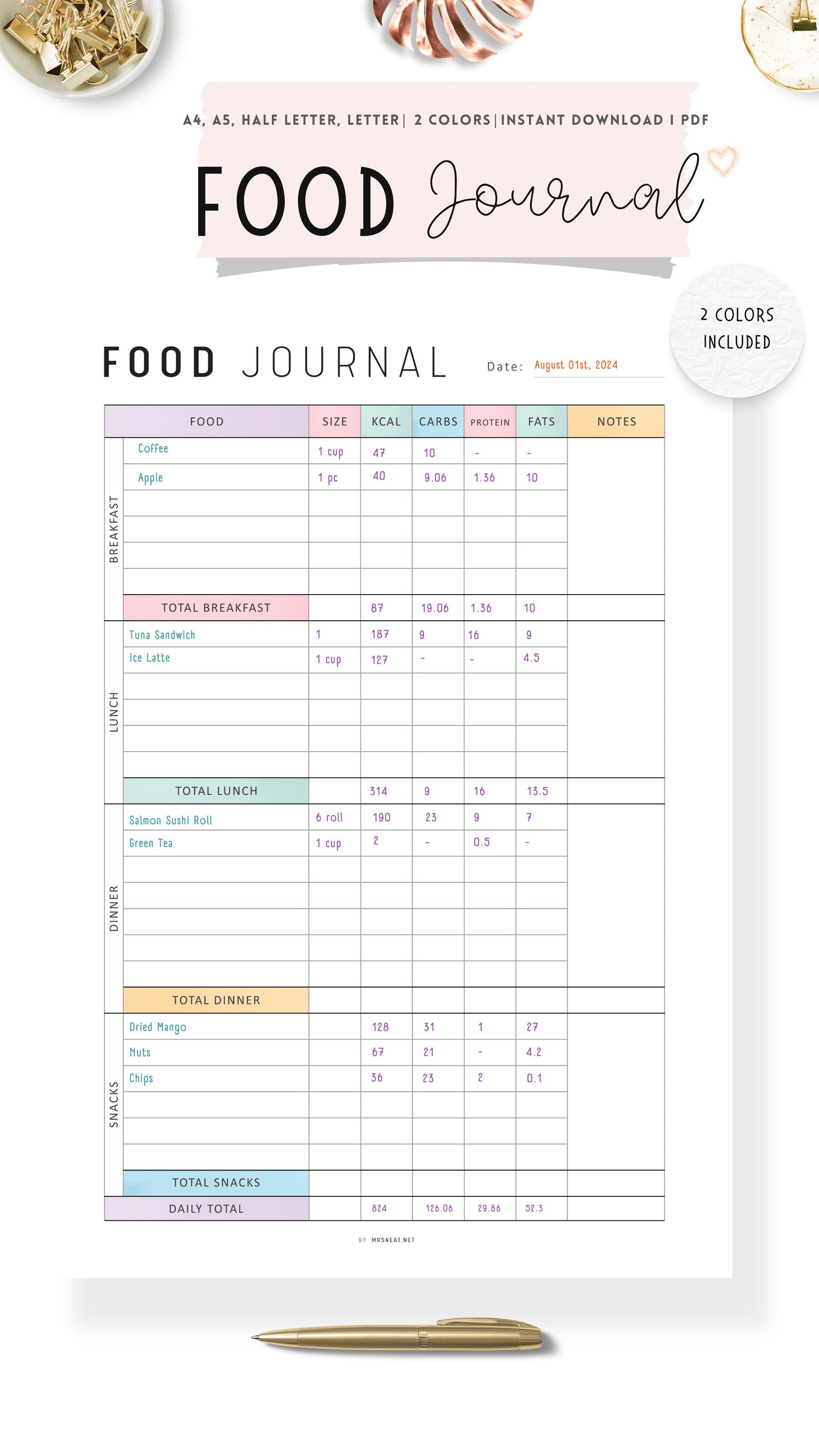 Cute Daily Calorie Tracker Template Printable, Calorie Counter PDF, My Food Diary, Digital Daily Food Journal, A4, A5, Letter, Half Letter, Colorful Page
