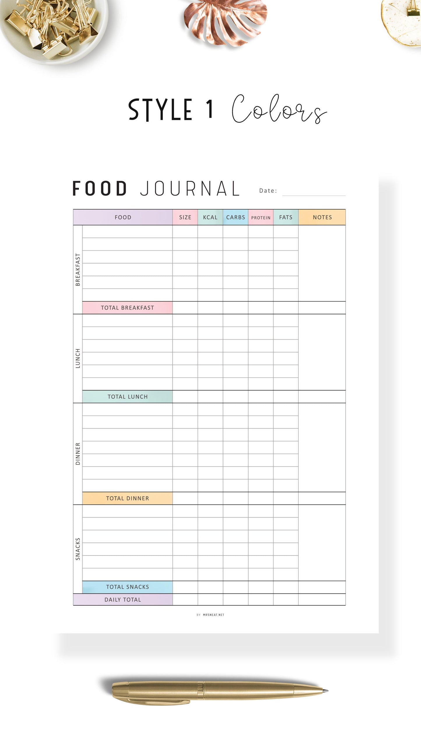 Beautiful Daily Calorie Tracker Template Printable, Calorie Counter PDF, My Food Diary, Digital Daily Food Journal, A4, A5, Letter, Half Letter, Colorful Page
