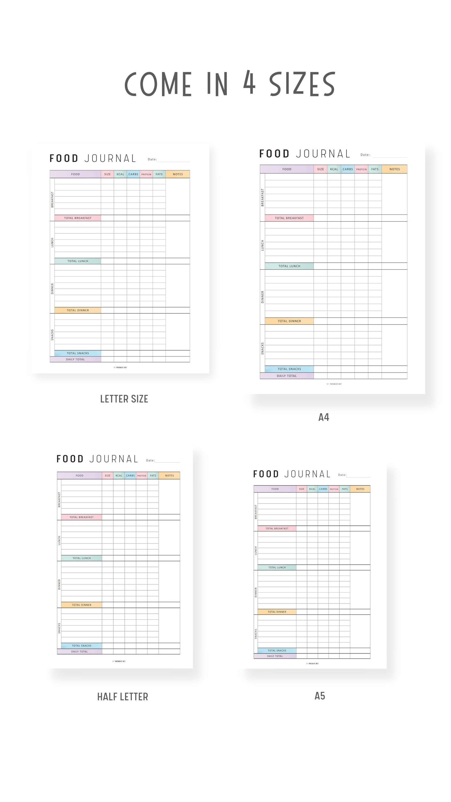 Daily Calorie Tracker Template Printable, Calorie Counter PDF, My Food Diary, Digital Daily Food Journal, A4, A5, Letter, Half Letter, Colorful Page