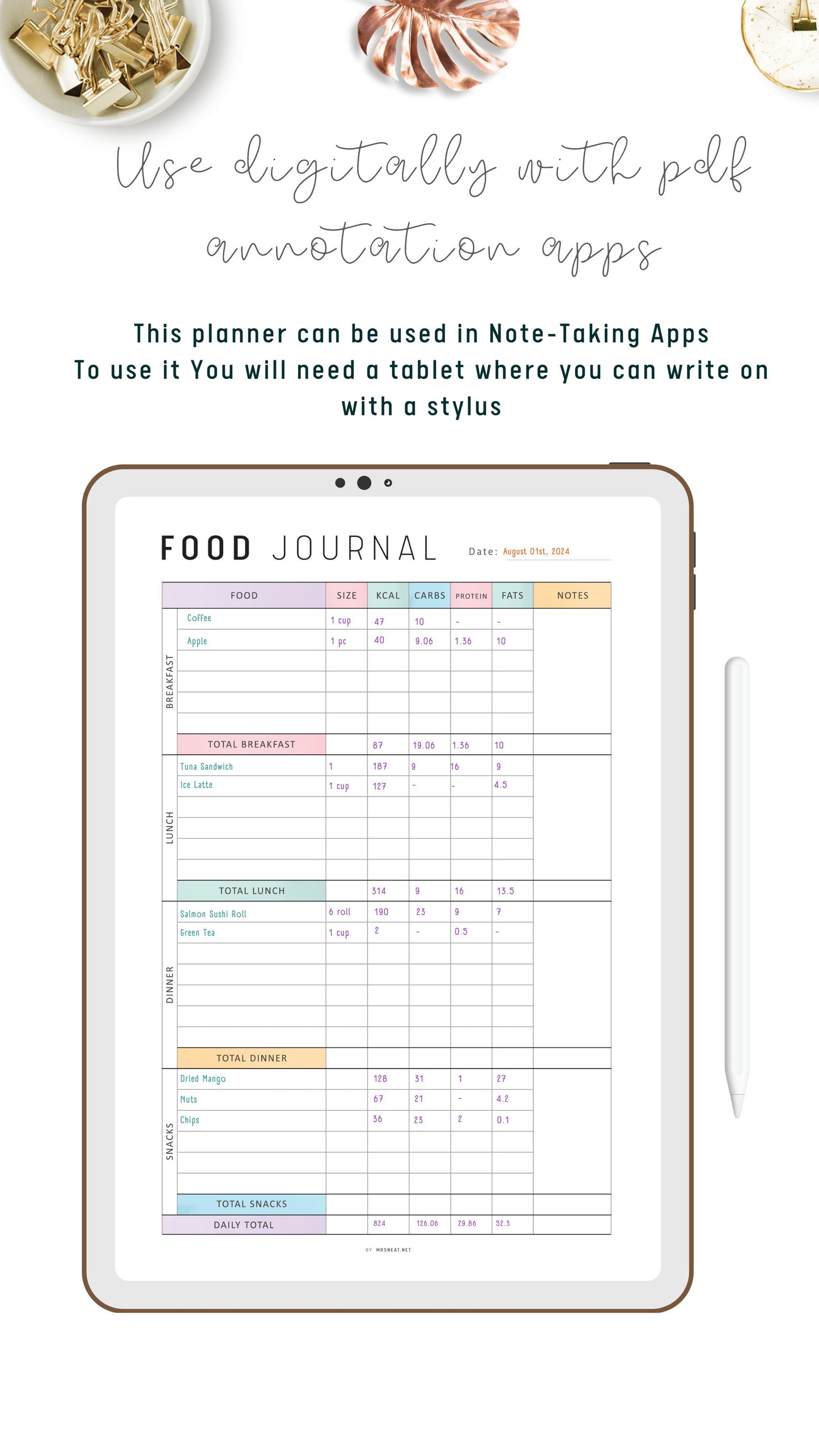Digital Daily Calorie Tracker Template, Calorie Counter PDF, My Food Diary, Digital Daily Food Journal, A4, A5, Letter, Half Letter, Colorful Page