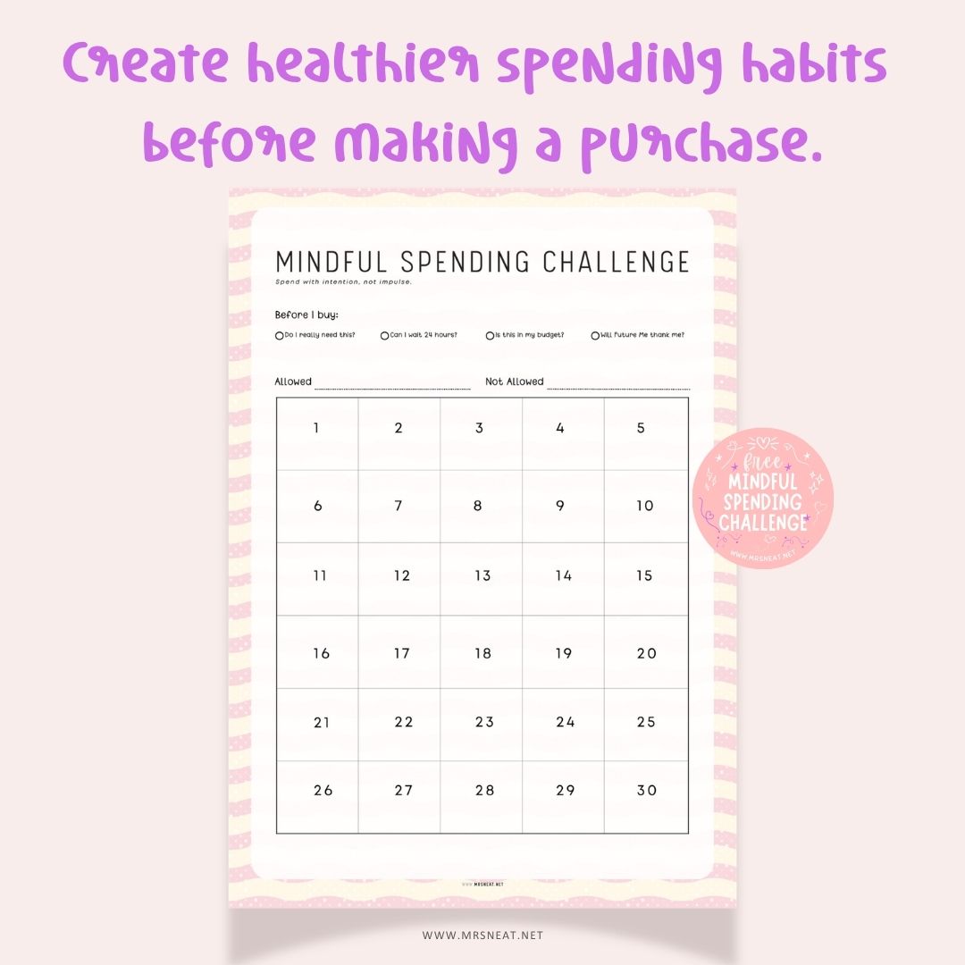 Mindful Spending Challenge worksheet for creating healthier spending habits before making a purchase