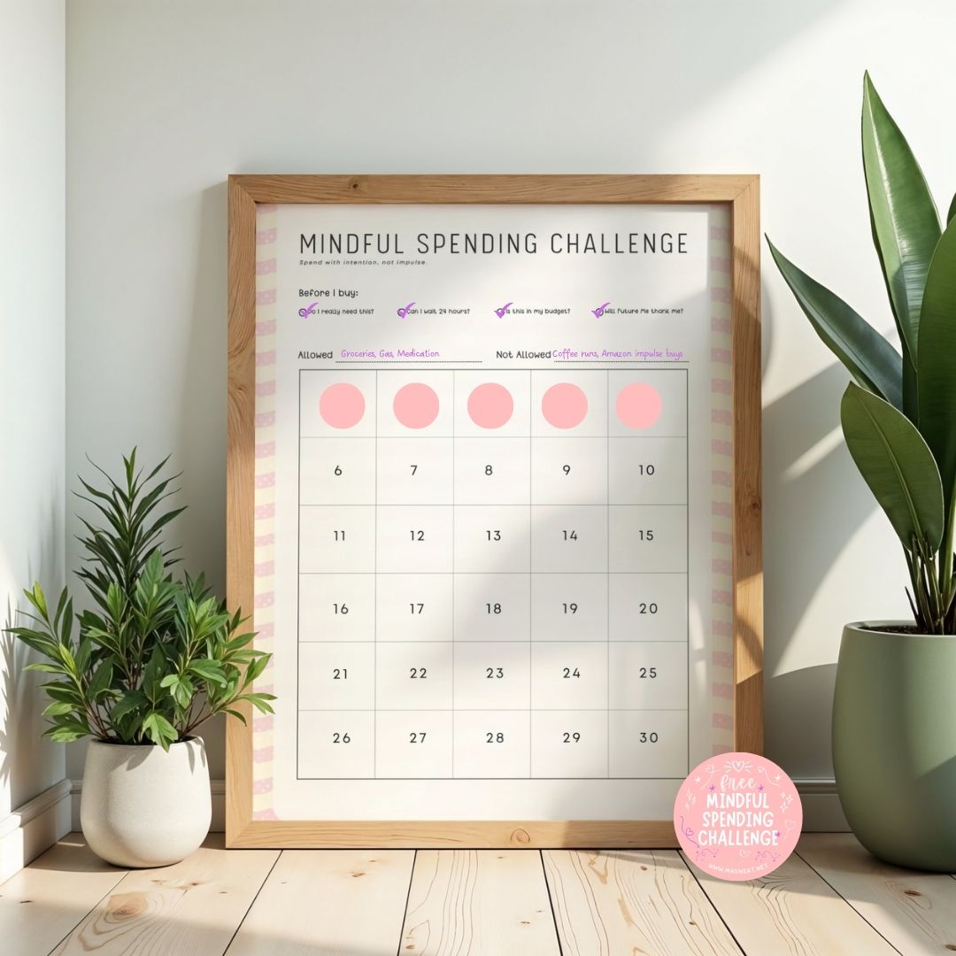 Free Mindful Spending Challenge printable styled in a wood aesthetic wall frame