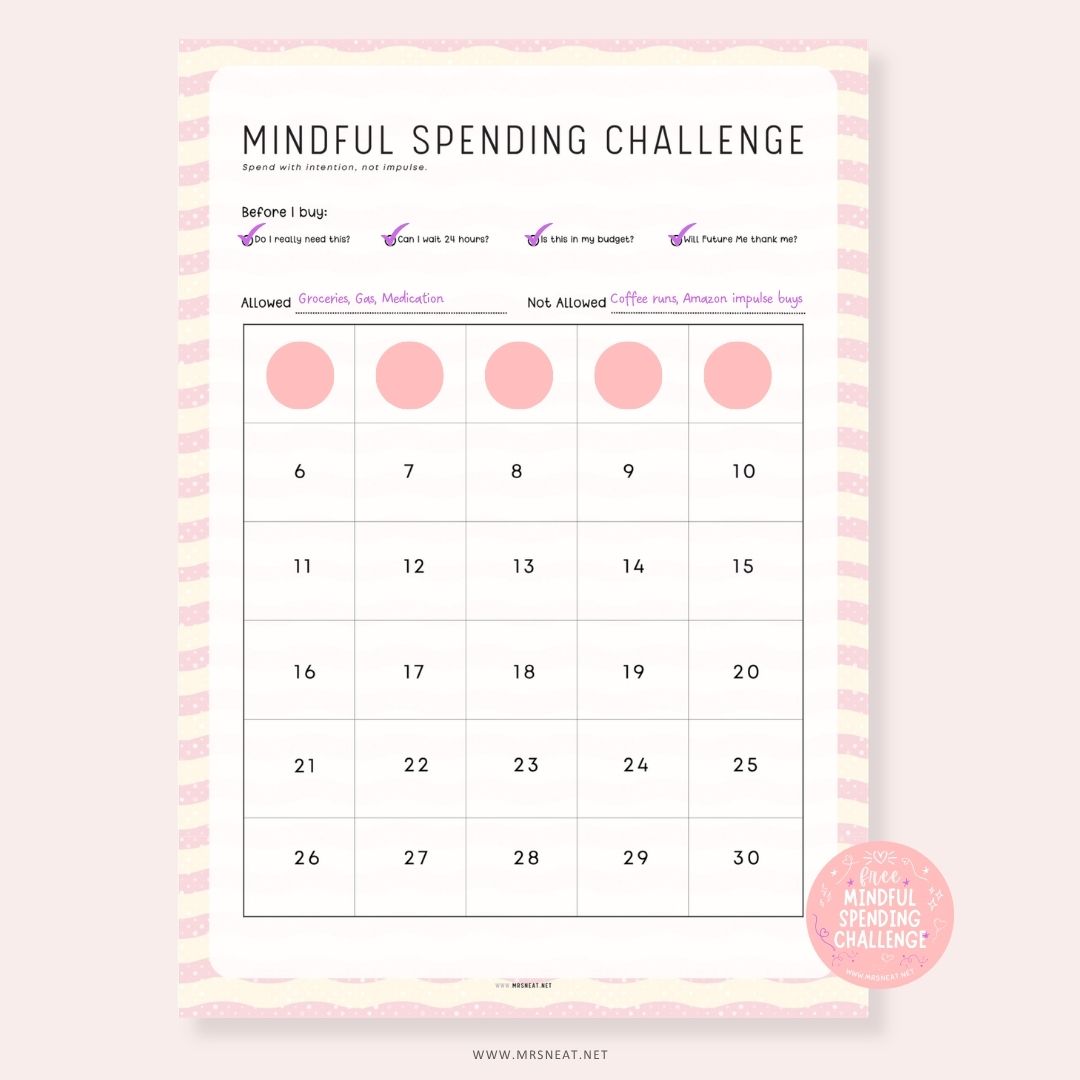 Pink Mindful Spending Challenge worksheet aesthetic financial decor