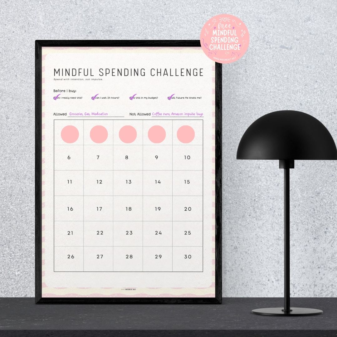 Mindful Spending Challenge printable displayed in a decorative wall frame