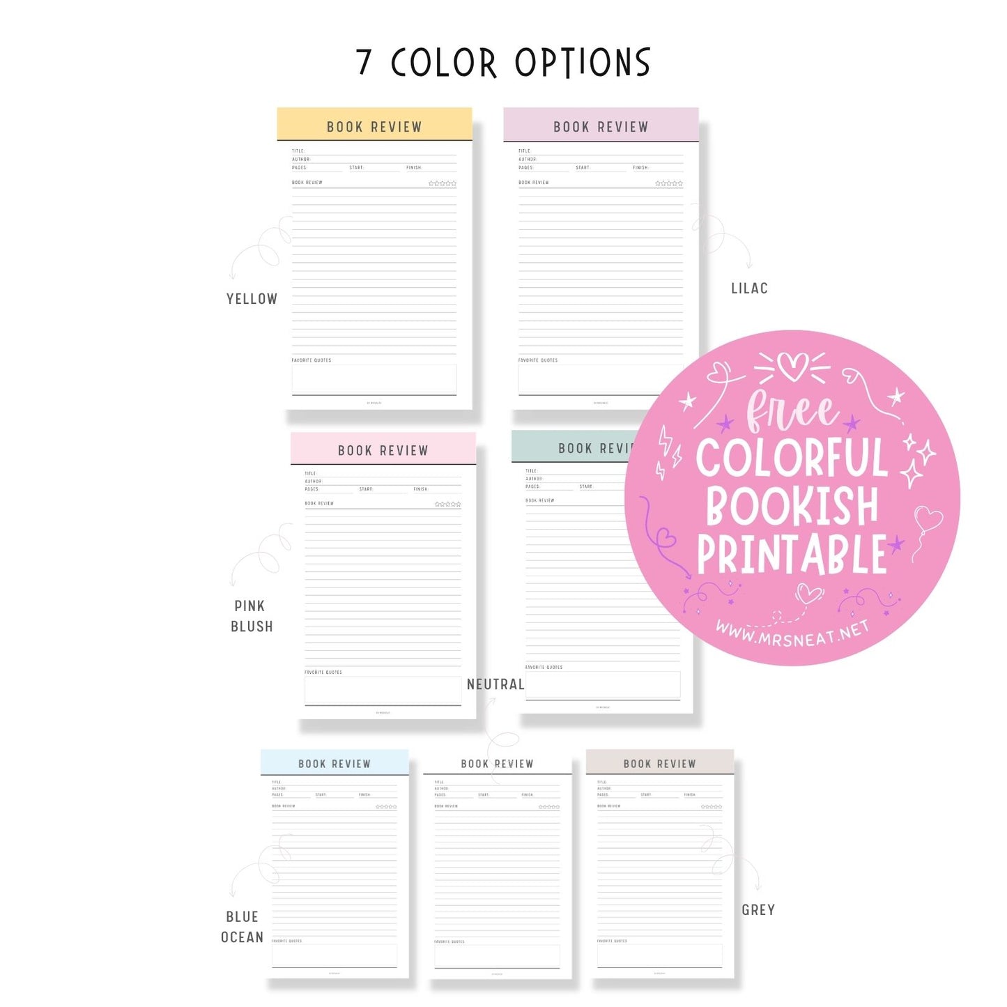 Free 7 Color Options Book Review Template Printable
