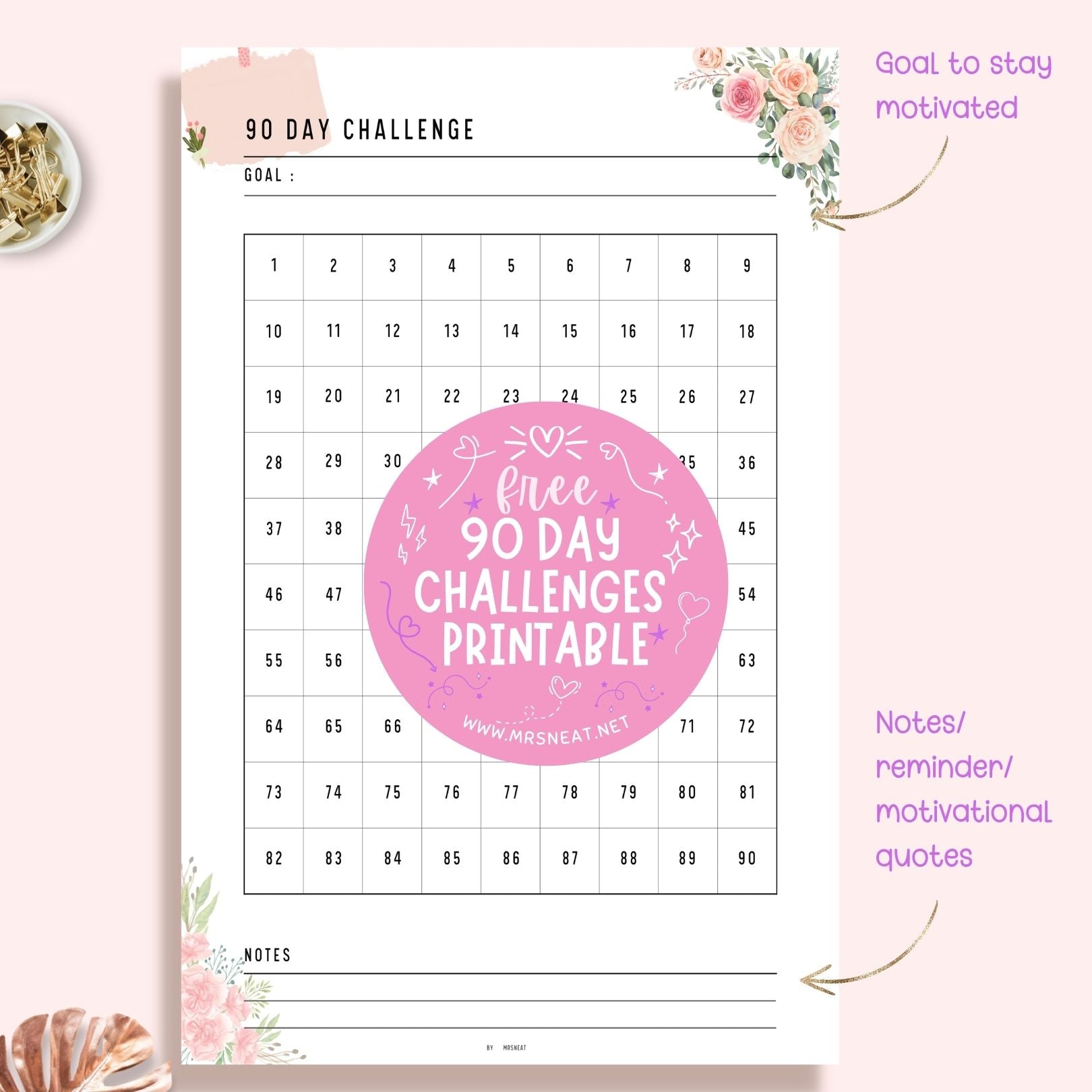 Free Floral Rose Gold Editable 90 Day Challenge A4 with Goal and Notes