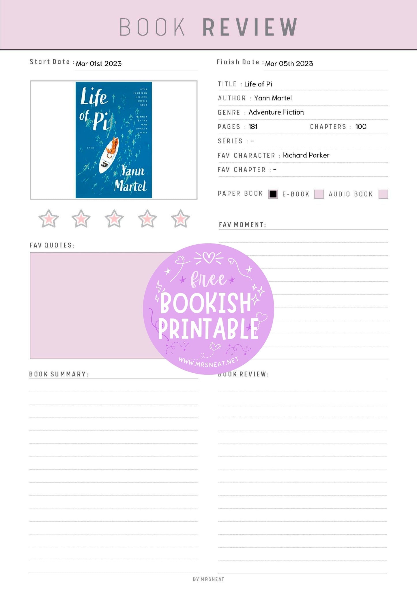 Free Beautiful Pink Purple Book Review Template Bookish Printable