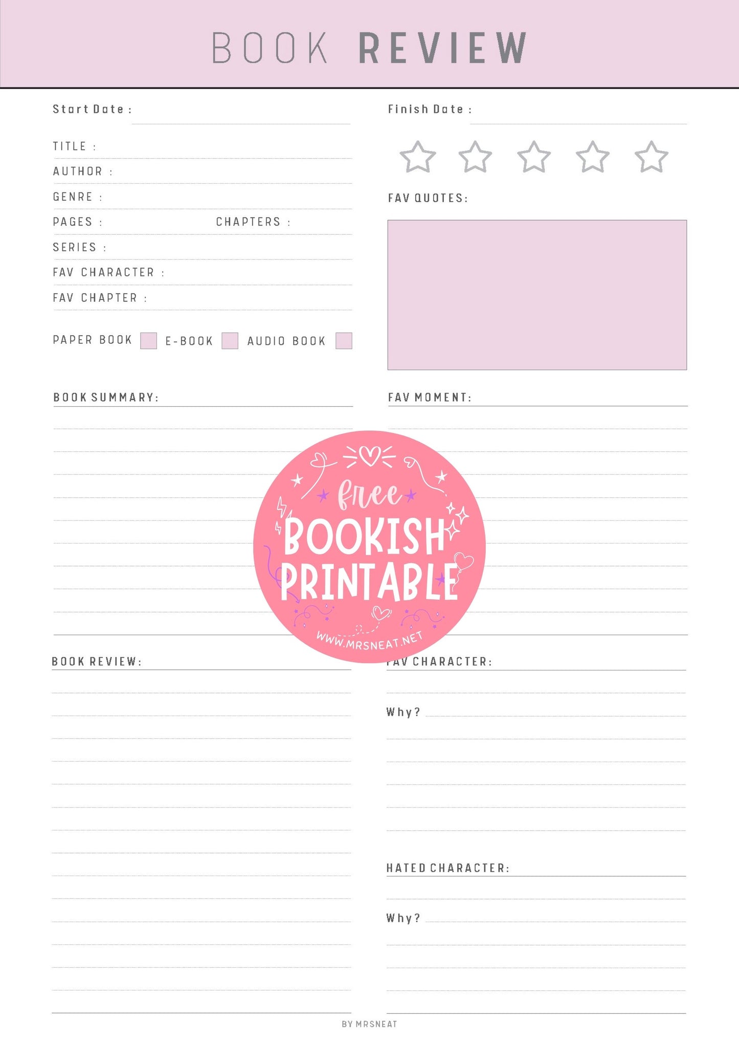 Free Aesthetic Pink Purple 2 versions Book Review Template Bookish Printable