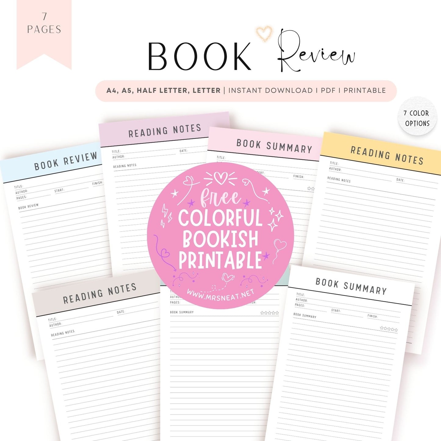 7 pages Colorful Book Review Template Printable