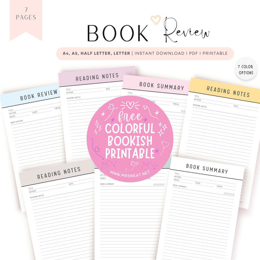 7 pages Colorful Book Review Template Printable