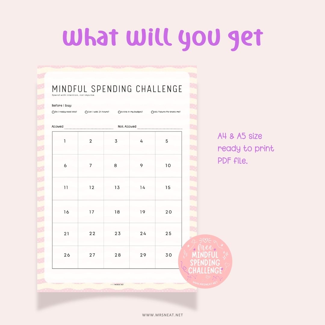 What you will get with the free Mindful Spending Challenge printable