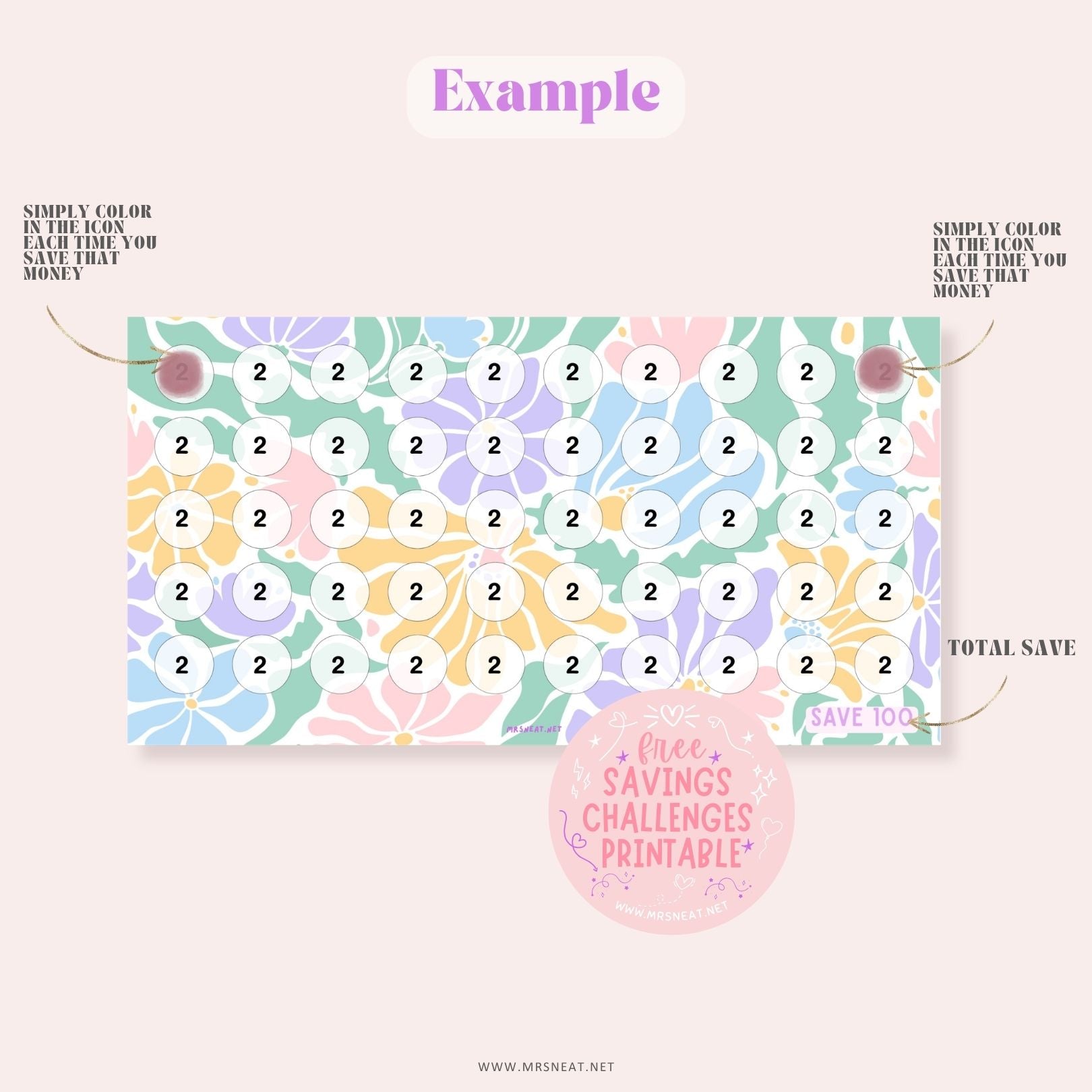 Free Beautiful Spring Savings Challenges Printable, vibrant Color, Floral Spring Themed, Save 100