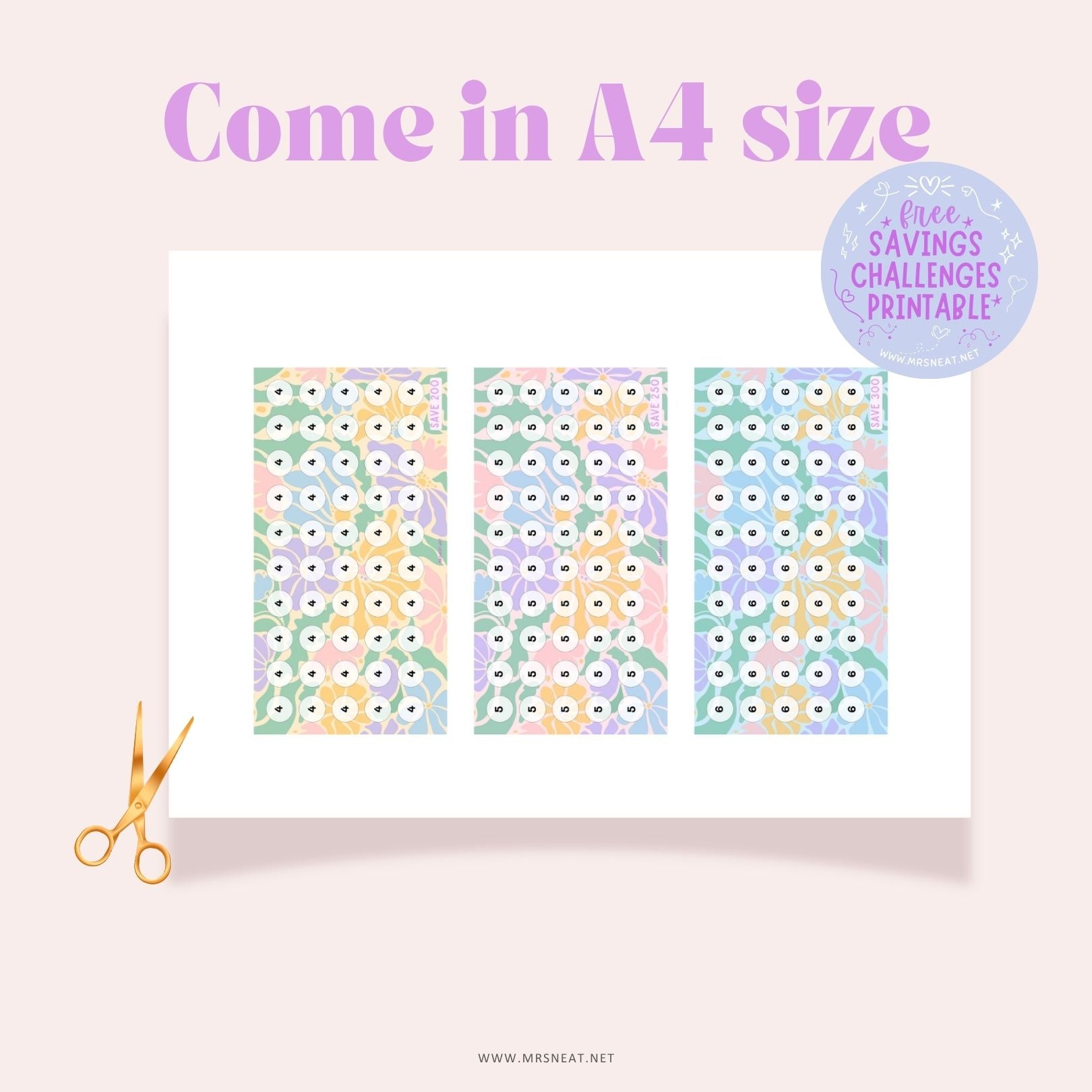 Free set of Three Aesthetic Beautiful Spring Savings Challenges A6 size Binder Insert come in A4 size, 3 challenges per A4 sheet
