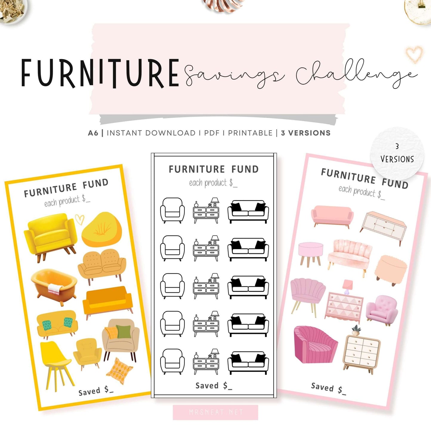 New Furniture Fund Savings Challenge, A6 size, Printable Planner, Colorful, 3 versions, PDF