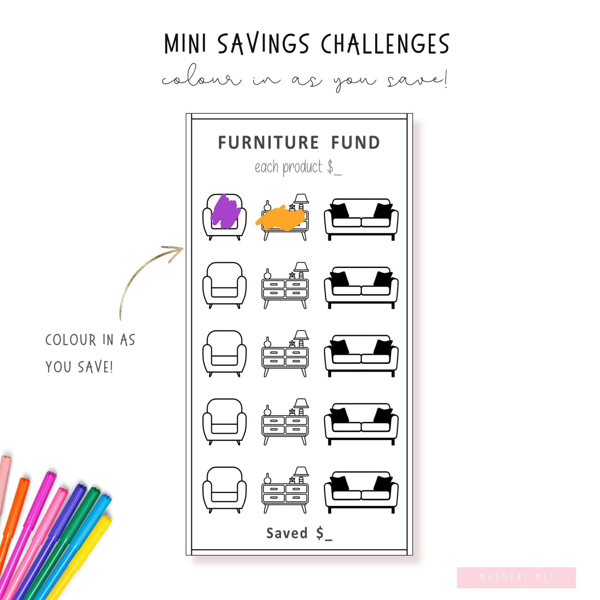 New Furniture Fund Savings Challenge, A6 size, Printable Planner, Colorful, 3 versions, PDF