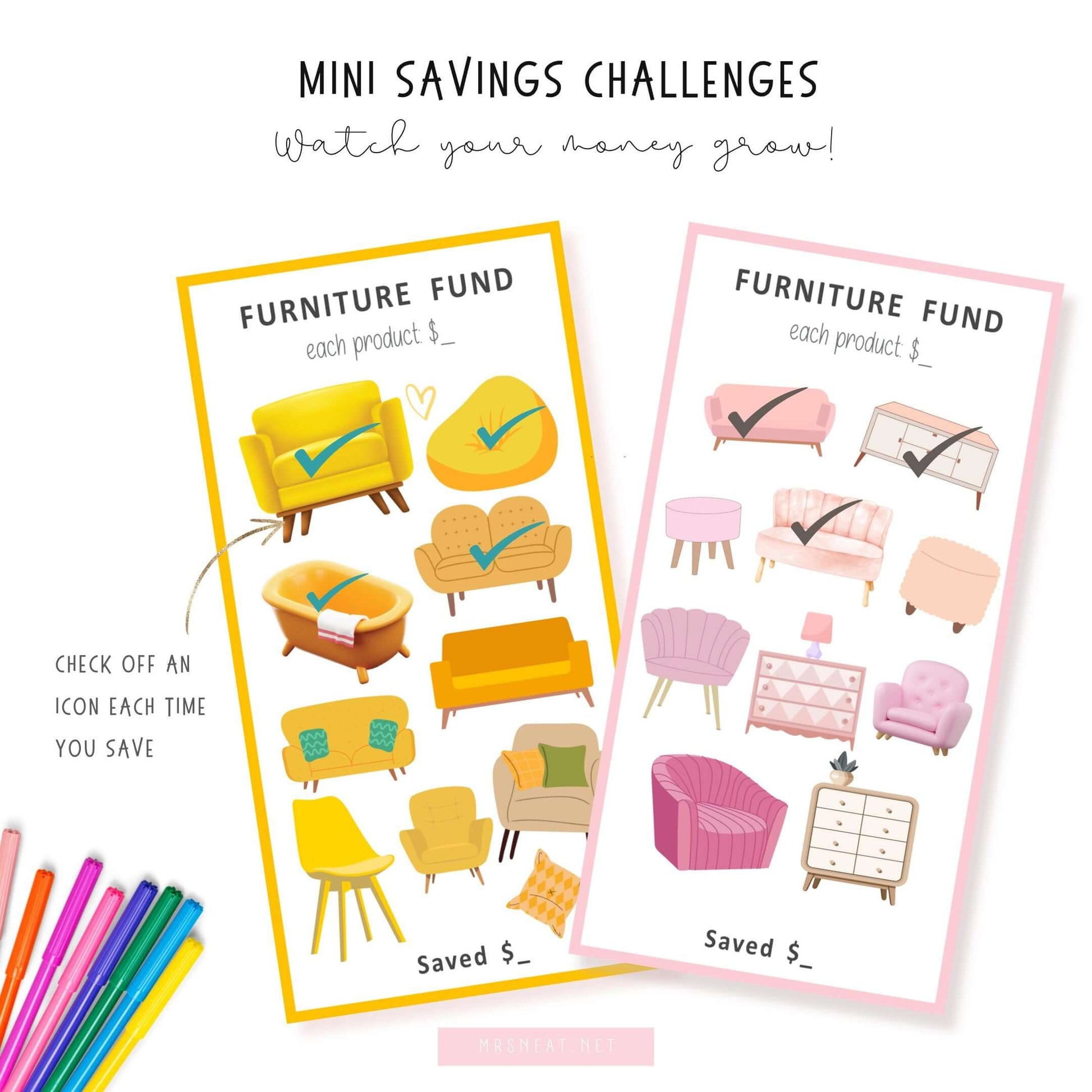 New Furniture Fund Savings Challenge, A6 size, Printable Planner, Colorful, 3 versions, PDF