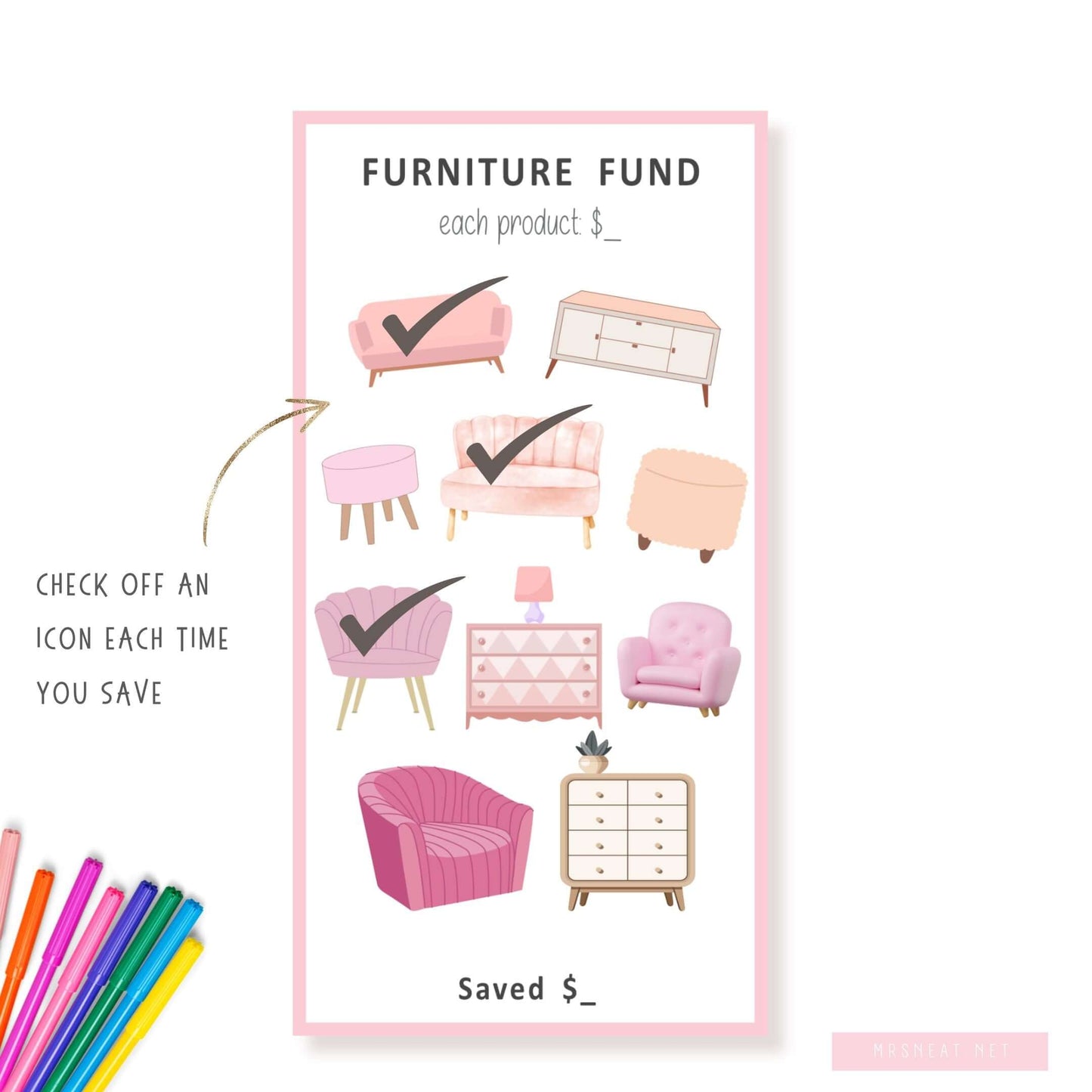 New Furniture Fund Savings Challenge, A6 size, Printable Planner, Colorful, 3 versions, PDF