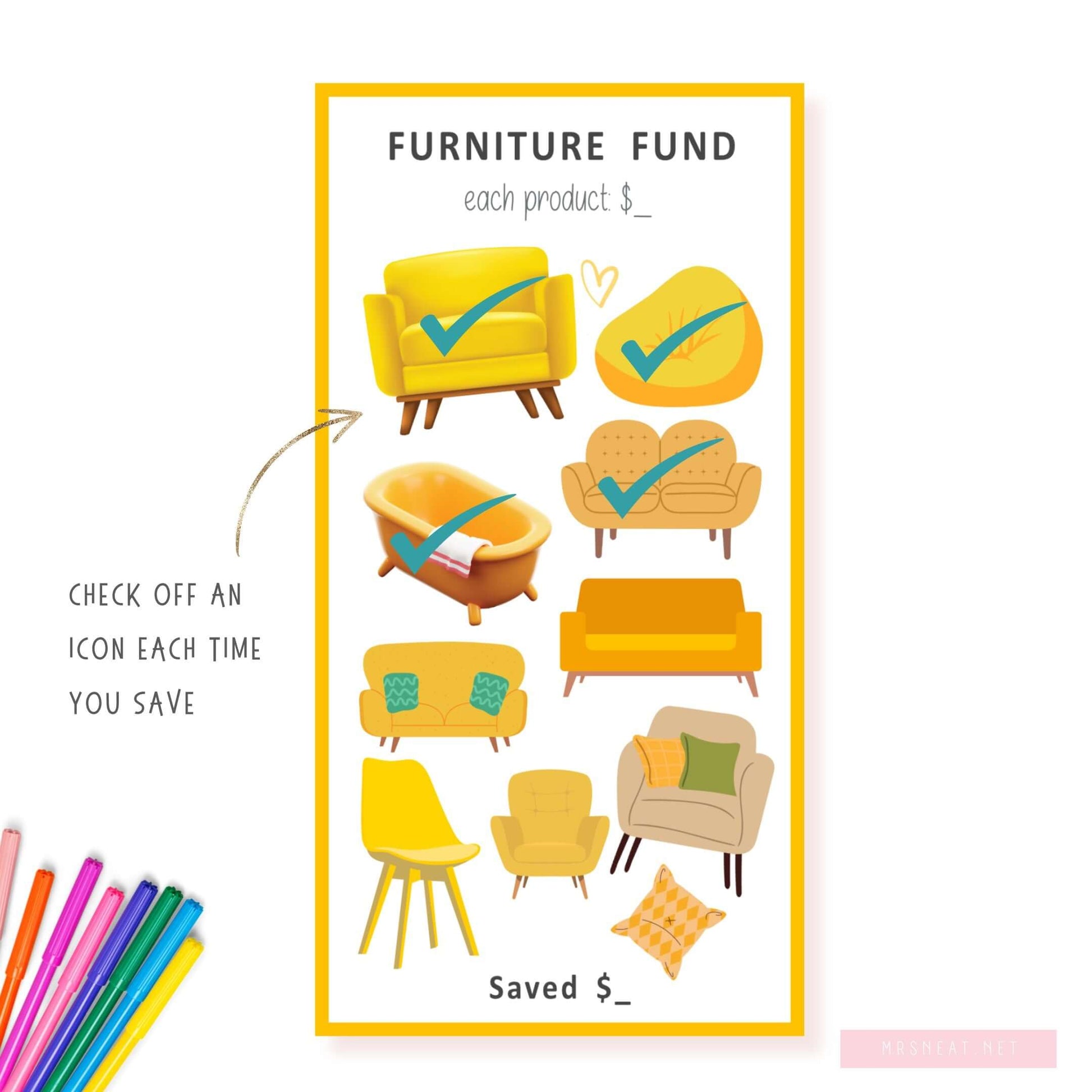 New Furniture Fund Savings Challenge, A6 size, Printable Planner, Colorful, 3 versions, PDF