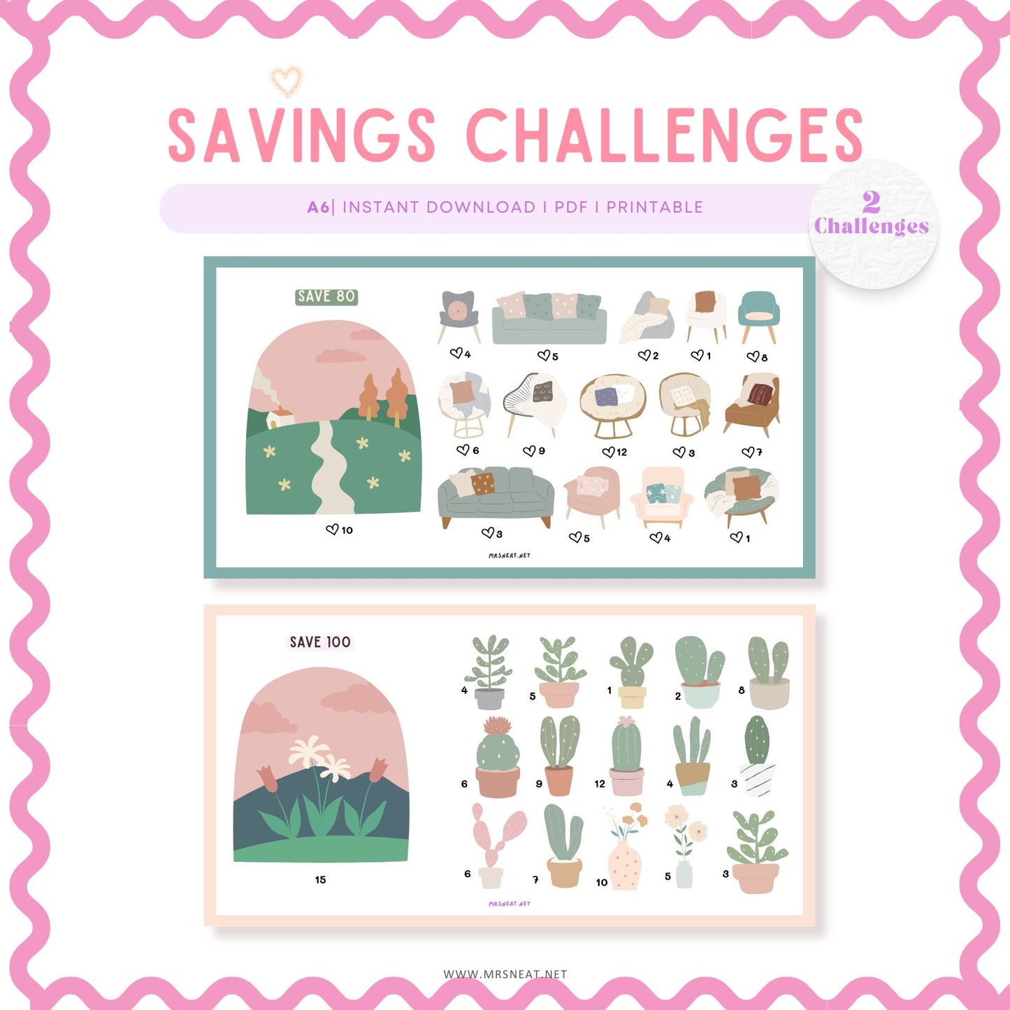 Savings challenges chart with illustrations of furniture and plants on a pink border.