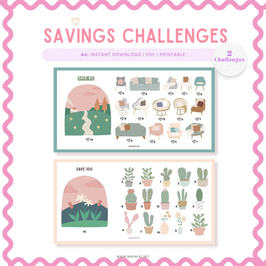 Savings challenges chart with illustrations of furniture and plants on a pink border.
