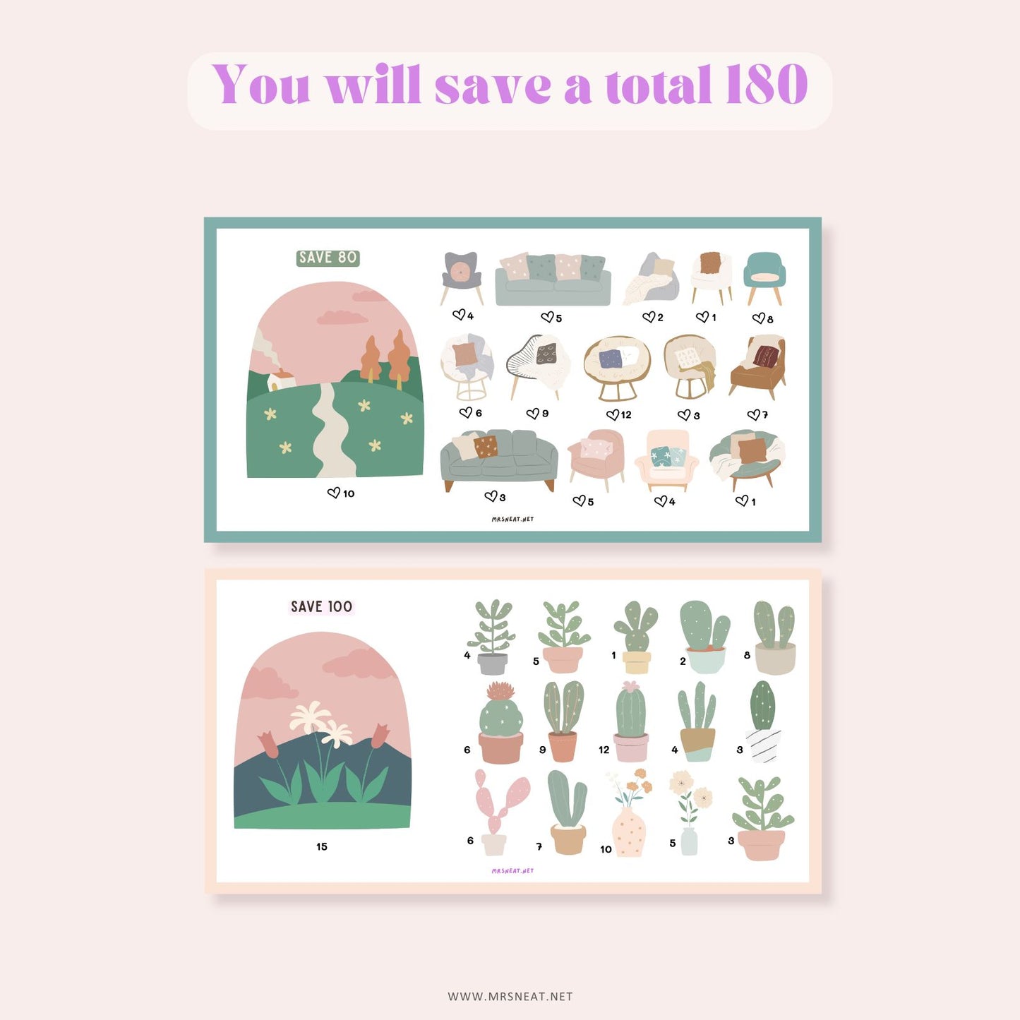 Furniture Savings Challenge, 2 Challenges, A6, Digital Download, Printable, Budget Tracker, Savings Tracker, Money Tracker, Cash Stuffing, Low income savings challenge, Low income budget tracker
