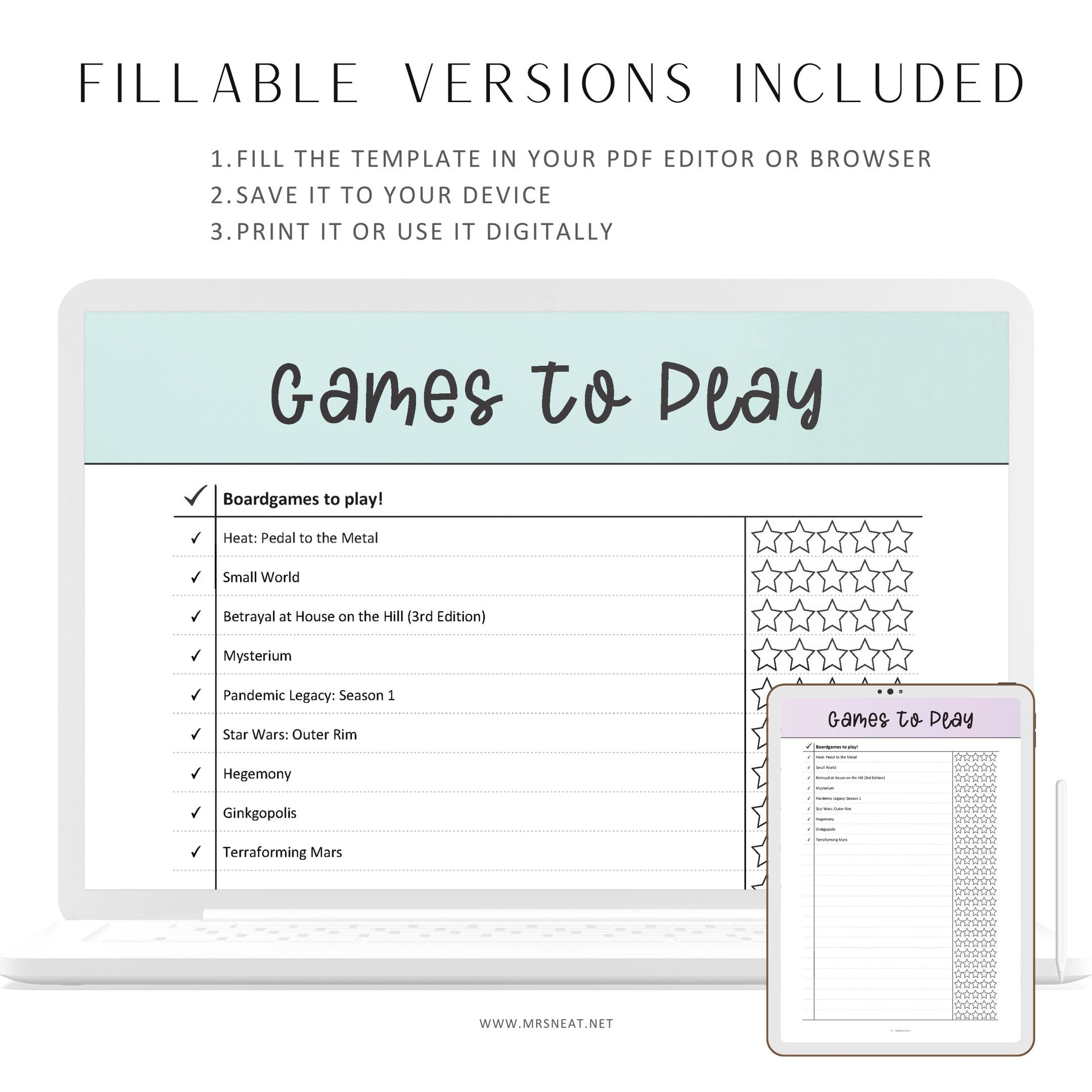 Fillable Games To Play List Template Printable, Best Games List, Games Review List, PDF, 6 colors, A4, A5, Letter, Half Letter