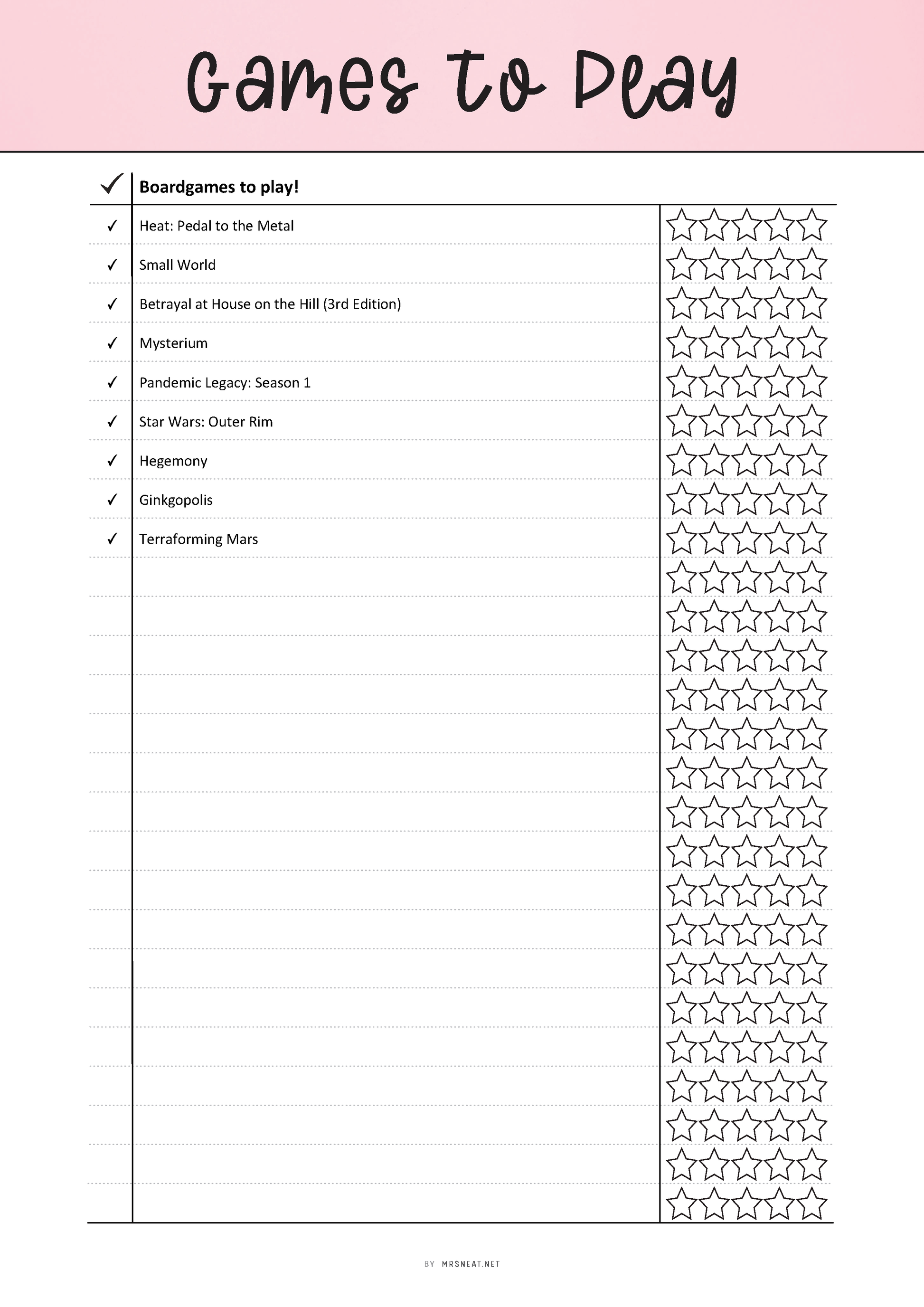 Fillable Games To Play List Template Printable, Best Games List, Games Review List, PDF, 6 colors, A4, A5, Letter, Half Letter