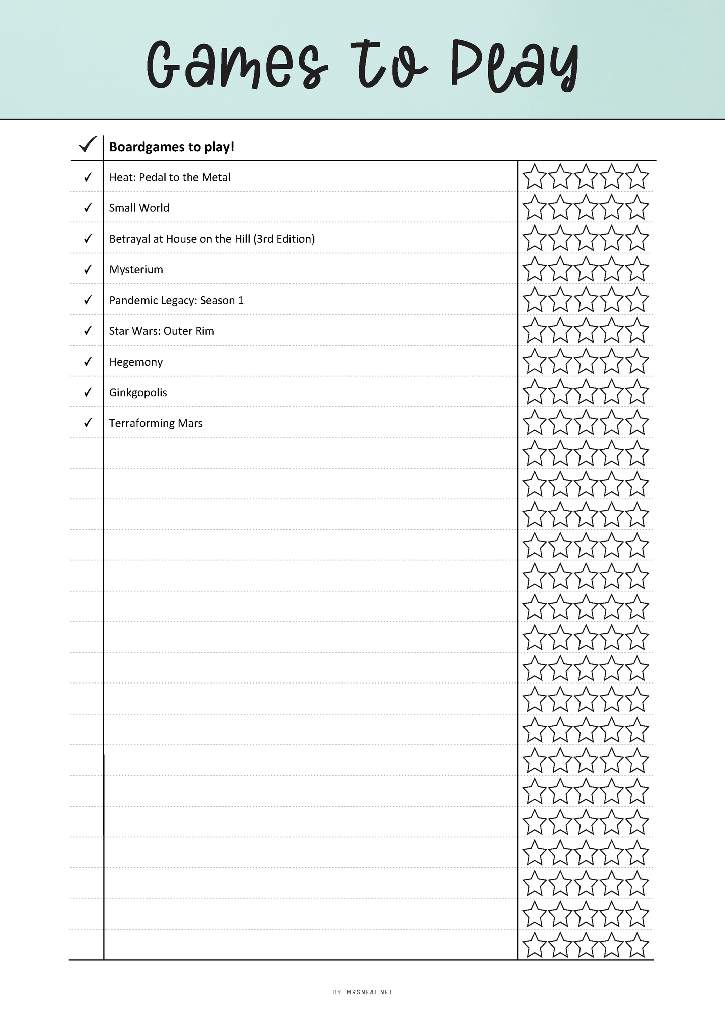 Fillable Games To Play List Template Printable, Best Games List, Games Review List, PDF, 6 colors, A4, A5, Letter, Half Letter