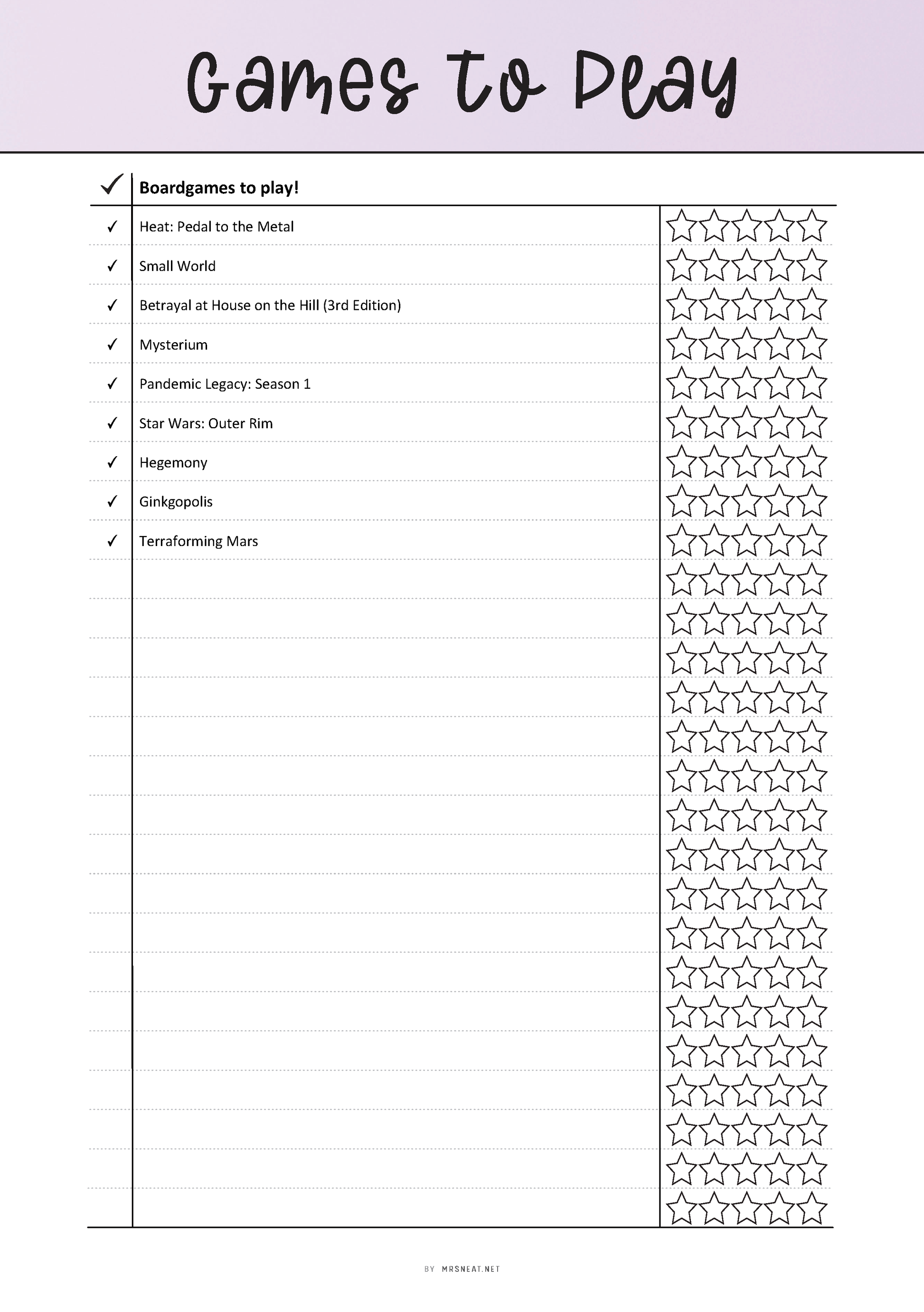 Fillable Games To Play List Template Printable, Best Games List, Games Review List, PDF, 6 colors, A4, A5, Letter, Half Letter