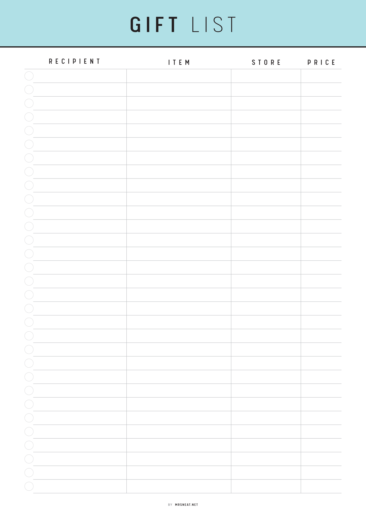 Gift list template with columns for recipient, item, store, and price on a white background.