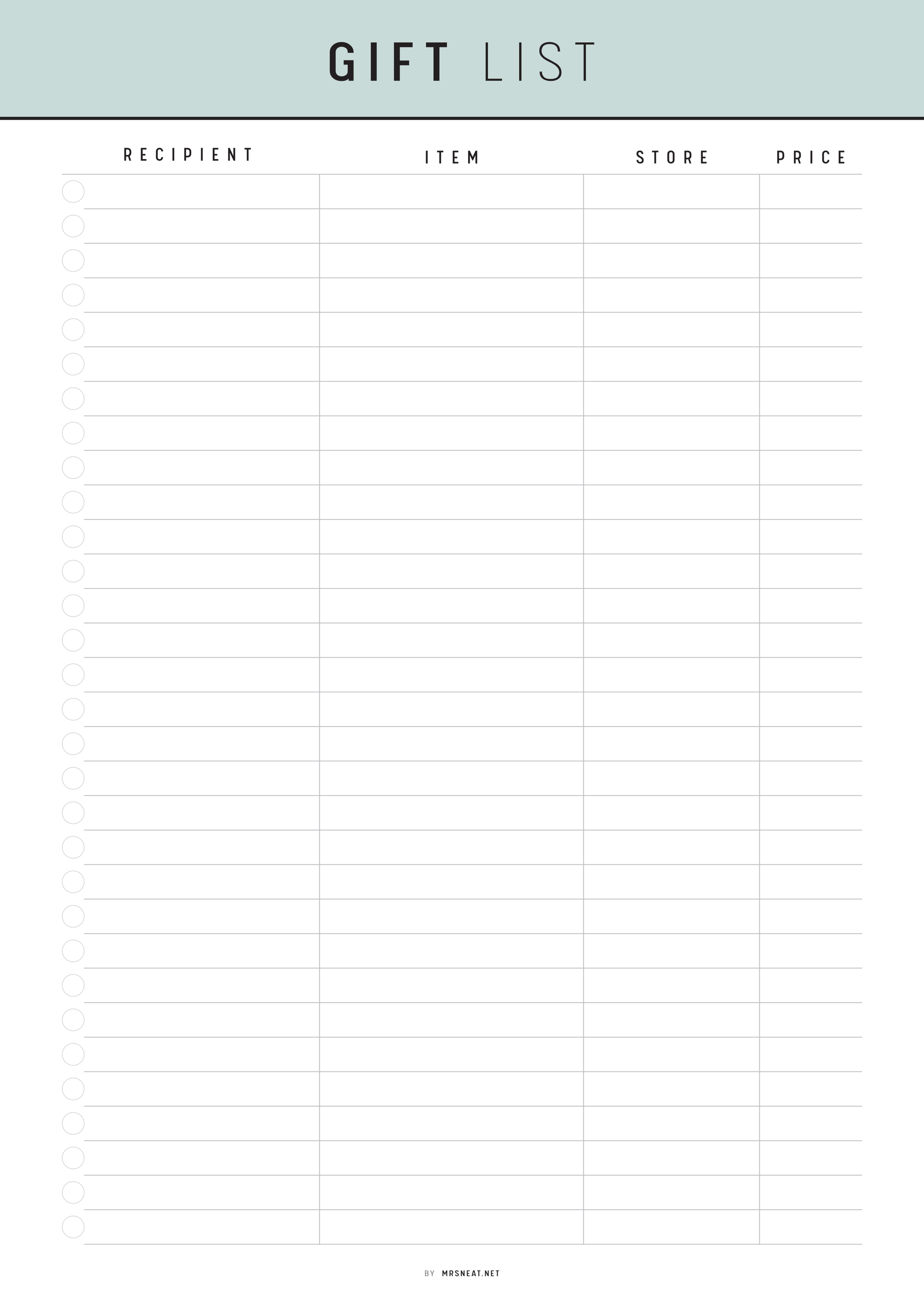 Blank gift list sheet with columns for recipient, item, store, and price.