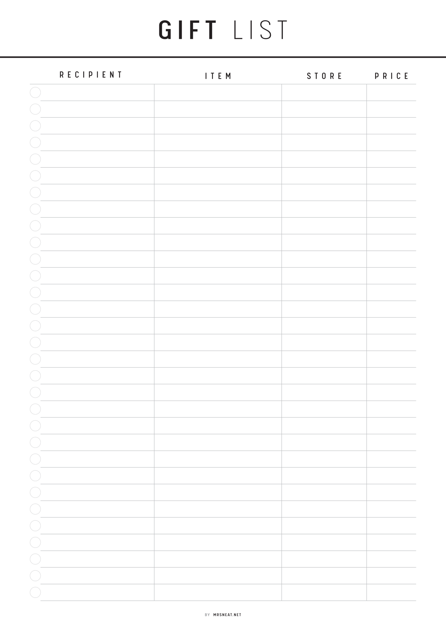 Blank gift list template with columns for recipient, item, store, and price.