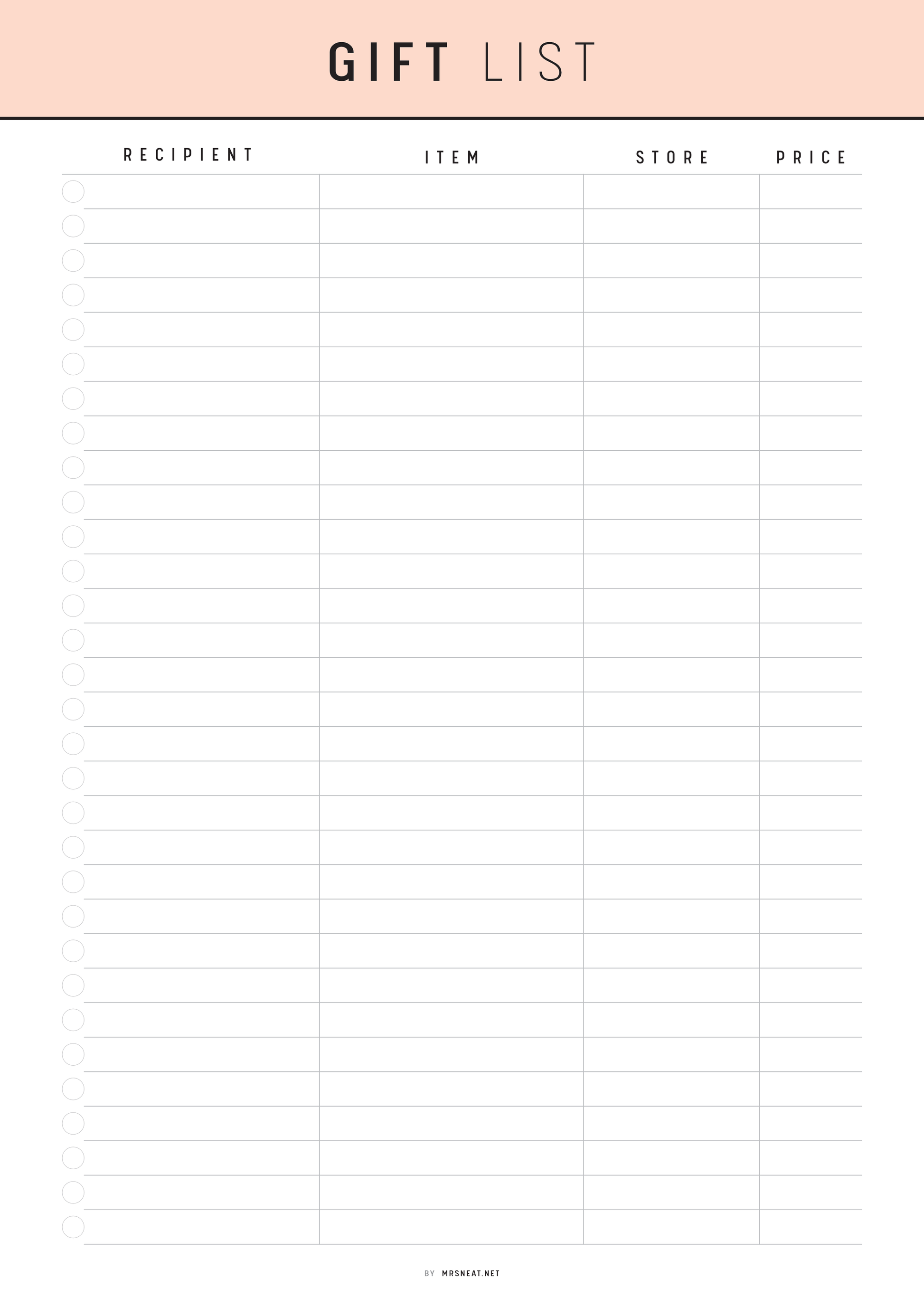 Gift list template with columns for recipient, item, store, and price on a white background.