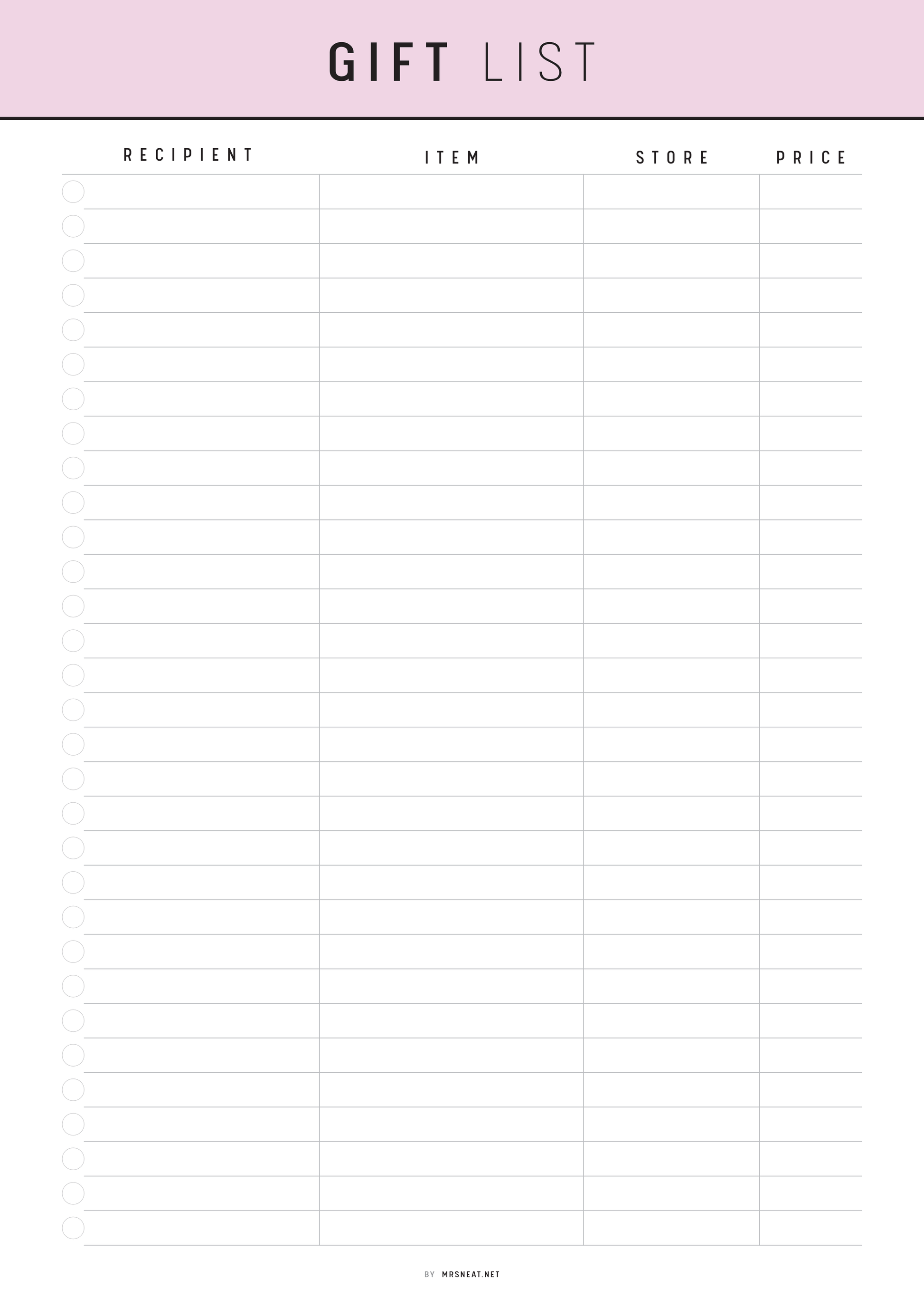 Gift list template with columns for recipient, item, store, and price on a white background.