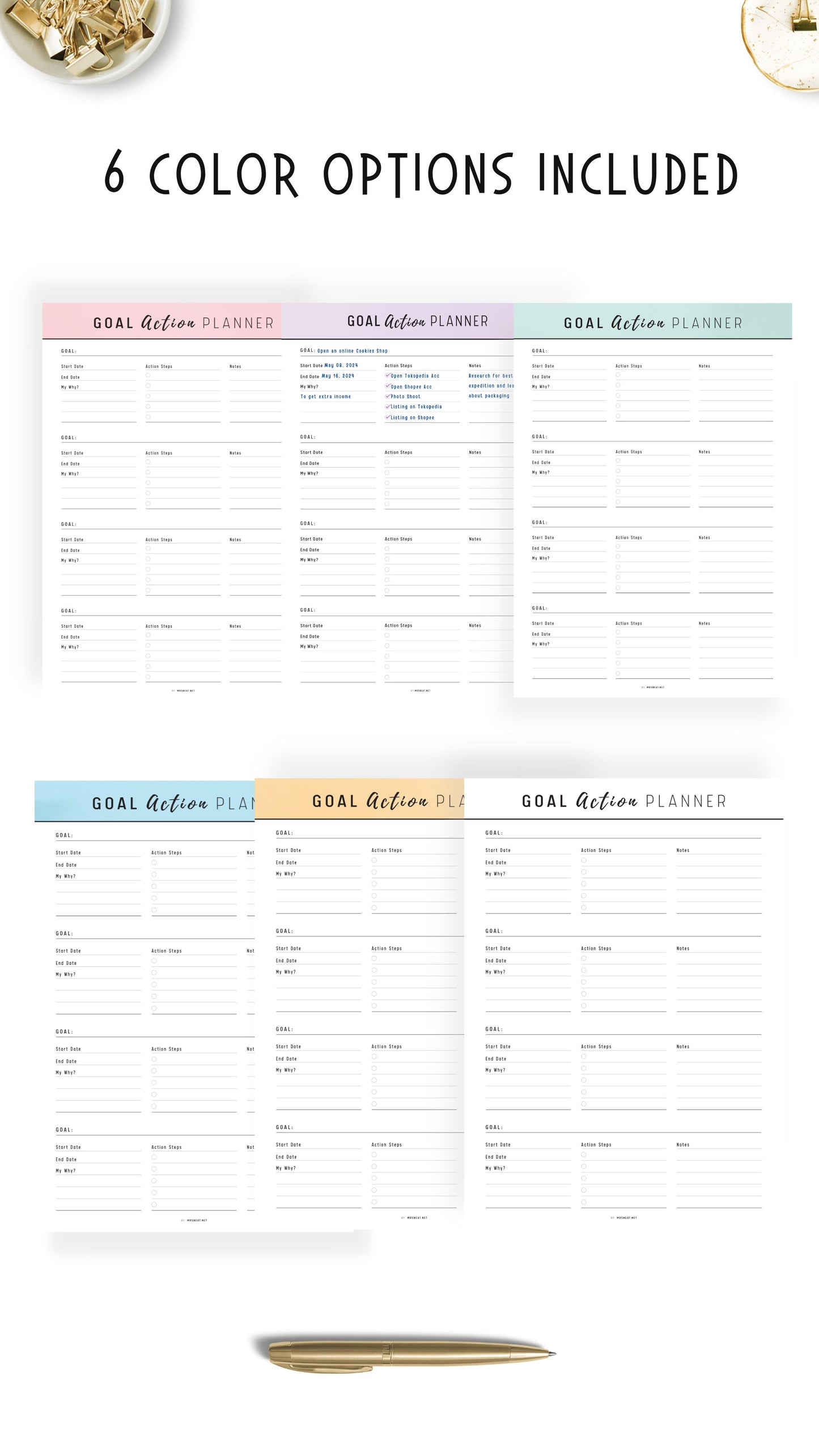 6 colors of Goal Action Planner Template Printable