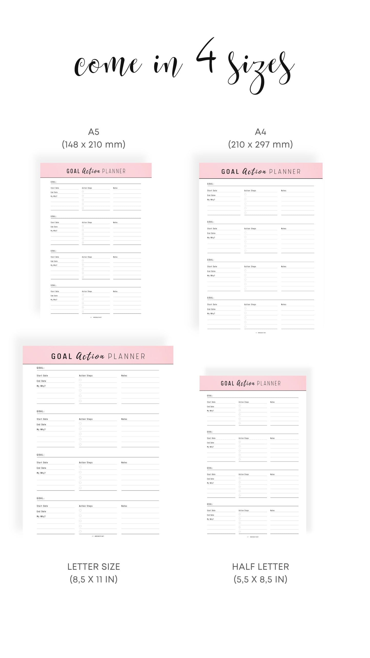 A4, A5, Letter, Half Letter Goal Action Planner Template Printable