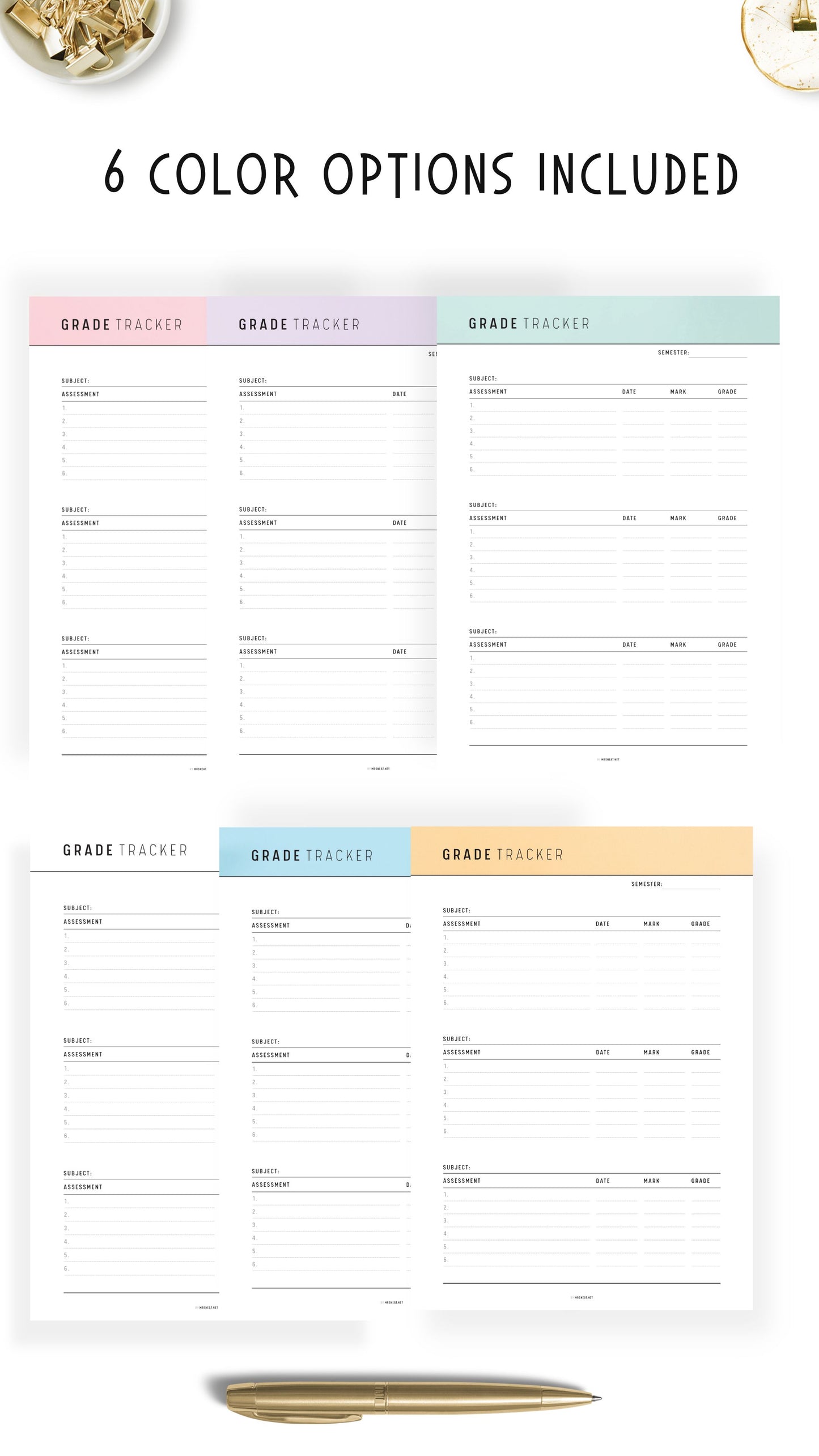 6 beautiful and pastel colors of Printable Grade Tracker Template
